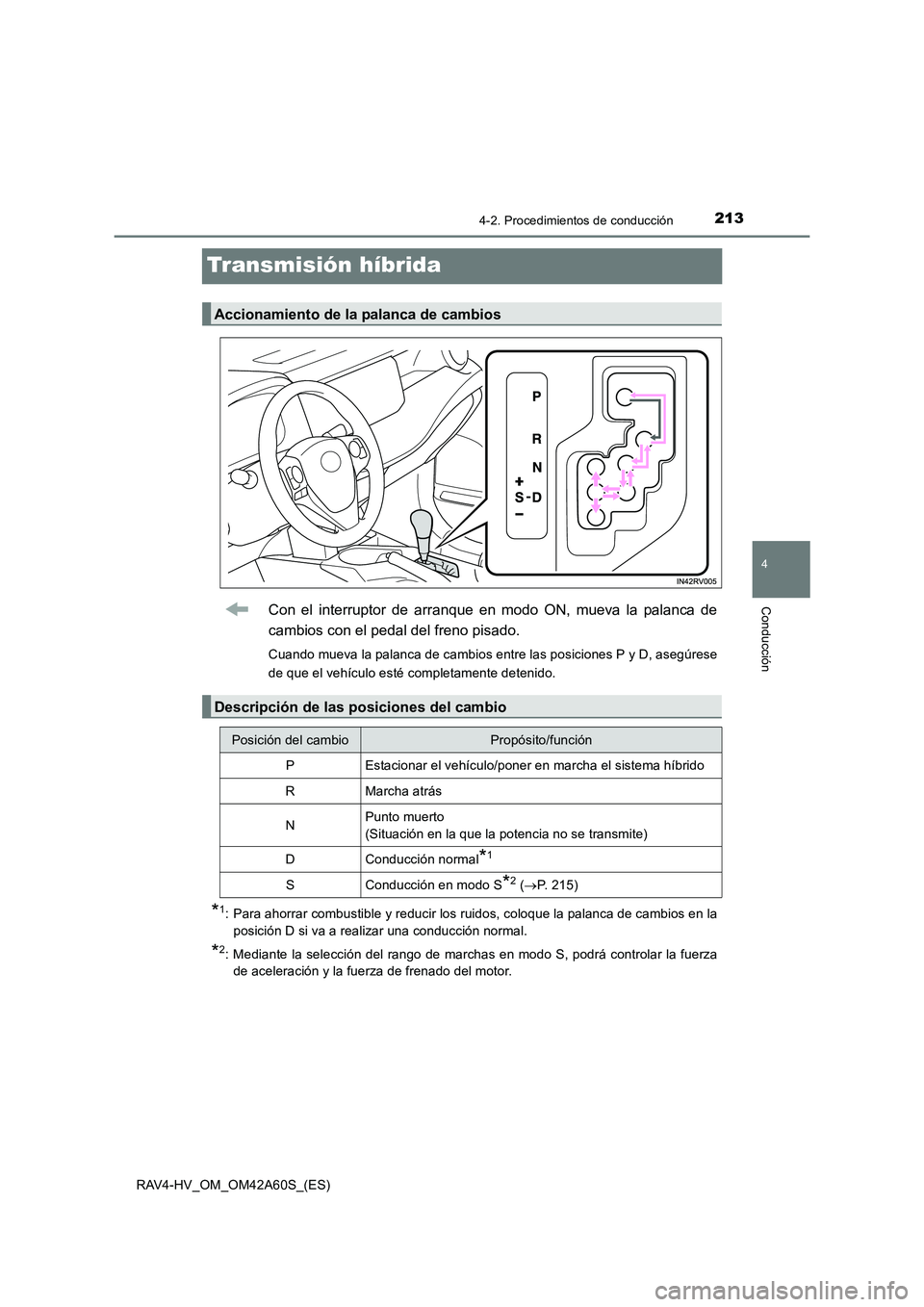 TOYOTA RAV4 HYBRID 2016  Manual del propietario (in Spanish) 213
4
4-2. Procedimientos de conducción
Conducción
RAV4-HV_OM_OM42A60S_(ES)
Transmisión híbrida
Con el interruptor de arranque en modo ON, mueva la palanca de
cambios con el pedal del freno pisado