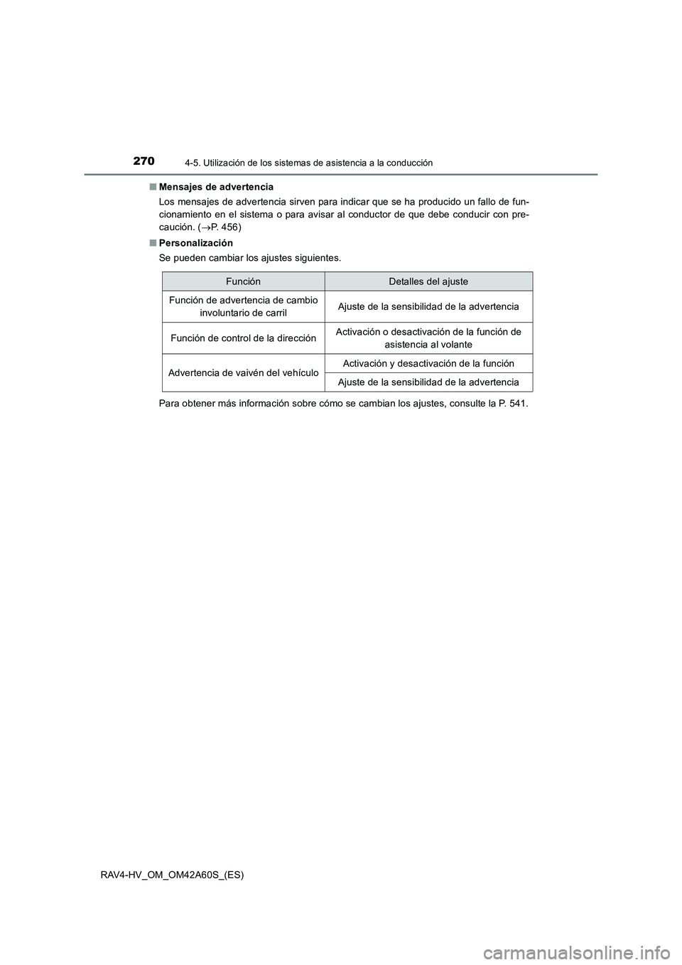 TOYOTA RAV4 HYBRID 2016  Manual del propietario (in Spanish) 2704-5. Utilización de los sistemas de asistencia a la conducción
RAV4-HV_OM_OM42A60S_(ES)■
Mensajes de advertencia
Los mensajes de advertencia sirven para indicar que se ha producido un fallo de 