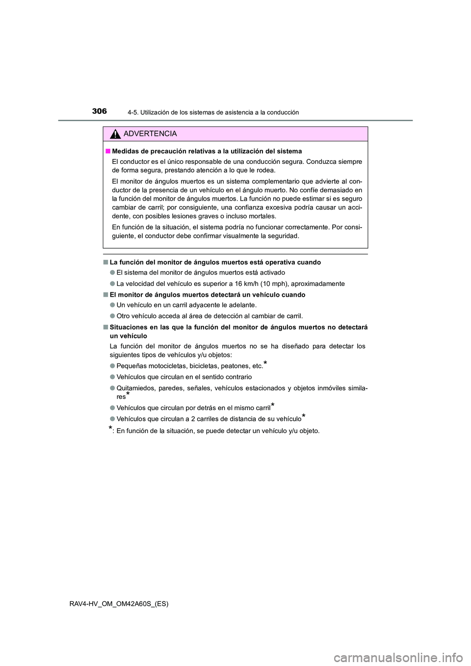 TOYOTA RAV4 HYBRID 2016  Manual del propietario (in Spanish) 3064-5. Utilización de los sistemas de asistencia a la conducción
RAV4-HV_OM_OM42A60S_(ES)
■La función del monitor de ángulos muertos está operativa cuando
●El sistema del monitor de ángulos