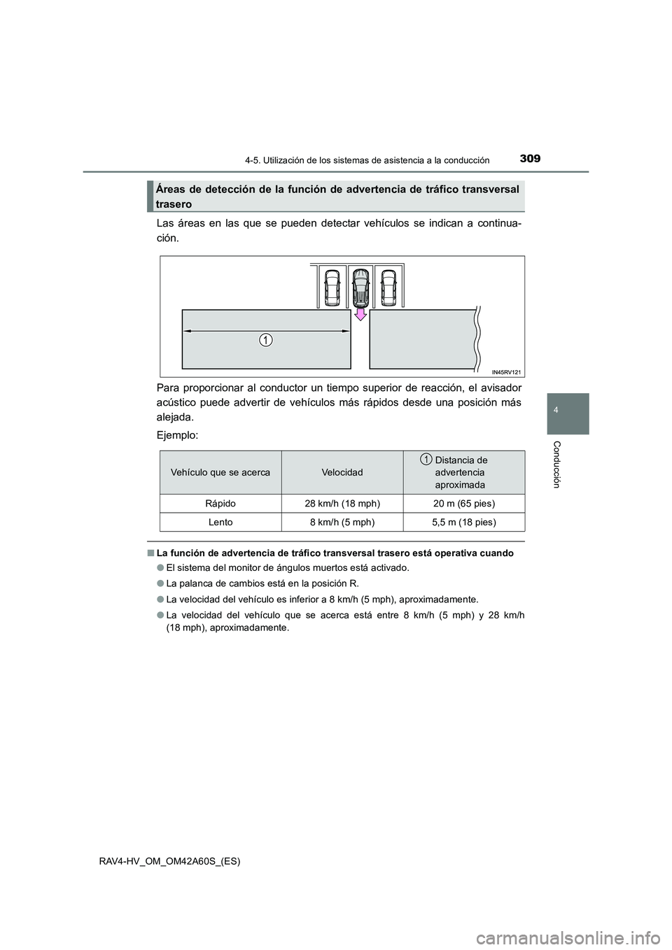 TOYOTA RAV4 HYBRID 2016  Manual del propietario (in Spanish) 3094-5. Utilización de los sistemas de asistencia a la conducción
4
Conducción
RAV4-HV_OM_OM42A60S_(ES)
Las áreas en las que se pueden detectar vehículos se indican a continua-
ción.
Para propor