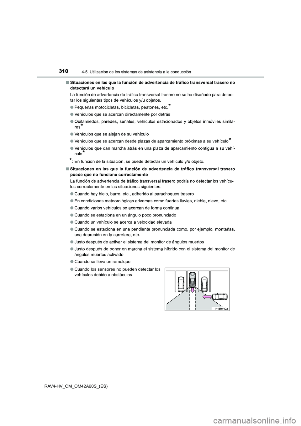 TOYOTA RAV4 HYBRID 2016  Manual del propietario (in Spanish) 3104-5. Utilización de los sistemas de asistencia a la conducción
RAV4-HV_OM_OM42A60S_(ES)■
Situaciones en las que la función de advertencia de tráfico transversal trasero no
detectará un vehí