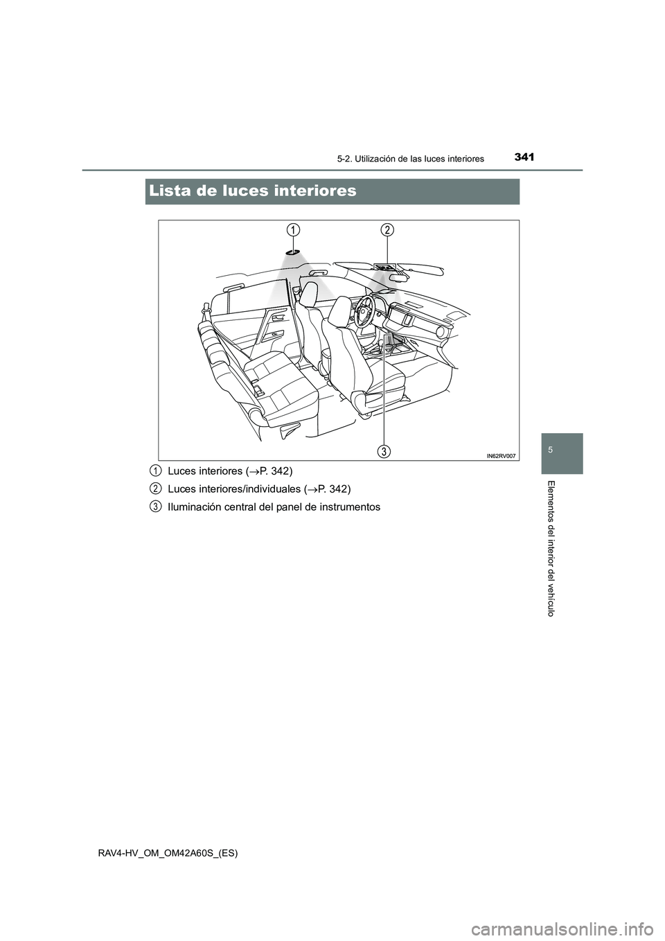 TOYOTA RAV4 HYBRID 2016 Manual del propietario (in Spanish) 3415-2. Utilización de las luces interiores
RAV4-HV_OM_OM42A60S_(ES)
5
Elementos del interior del vehículo
Lista de luces interiores
Luces interiores (→P. 342)
Luces interiores/individuales ( →P TOYOTA RAV4 HYBRID 2016 Manual del propietario (in Spanish) 3415-2. Utilización de las luces interiores
RAV4-HV_OM_OM42A60S_(ES)
5
Elementos del interior del vehículo
Lista de luces interiores
Luces interiores (→P. 342)
Luces interiores/individuales ( →P