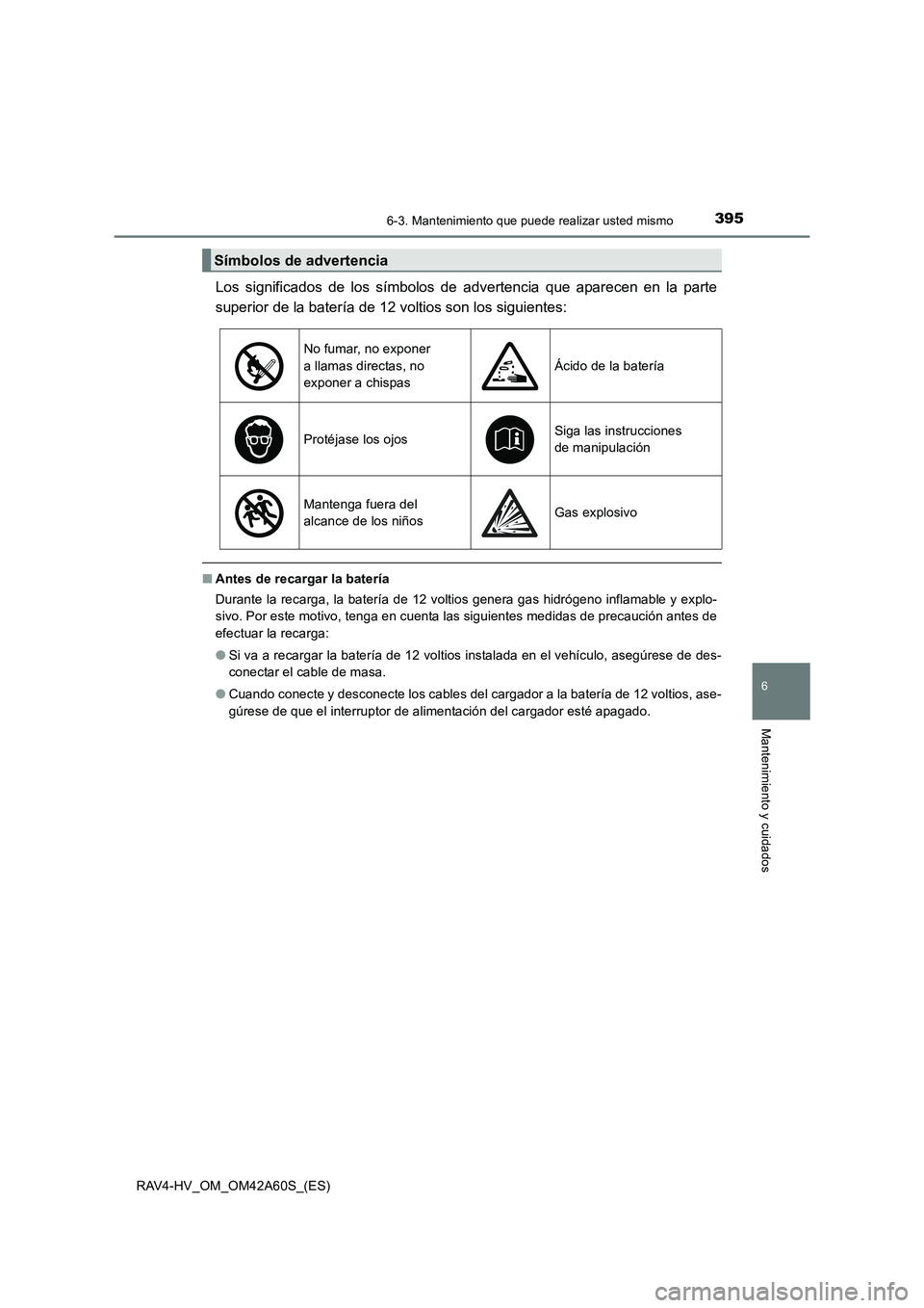 TOYOTA RAV4 HYBRID 2016 Manual del propietario (in Spanish) 3956-3. Mantenimiento que puede realizar usted mismo
RAV4-HV_OM_OM42A60S_(ES)
6
Mantenimiento y cuidados
Los significados de los símbolos de advertencia que aparecen en la parte
superior de la bater TOYOTA RAV4 HYBRID 2016 Manual del propietario (in Spanish) 3956-3. Mantenimiento que puede realizar usted mismo
RAV4-HV_OM_OM42A60S_(ES)
6
Mantenimiento y cuidados
Los significados de los símbolos de advertencia que aparecen en la parte
superior de la bater