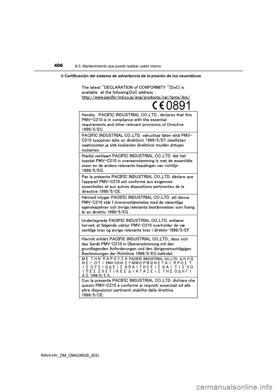 TOYOTA RAV4 HYBRID 2016  Manual del propietario (in Spanish) 4066-3. Mantenimiento que puede realizar usted mismo
RAV4-HV_OM_OM42A60S_(ES)■
Certificación del sistema de advertencia de la presión de los neumáticos 