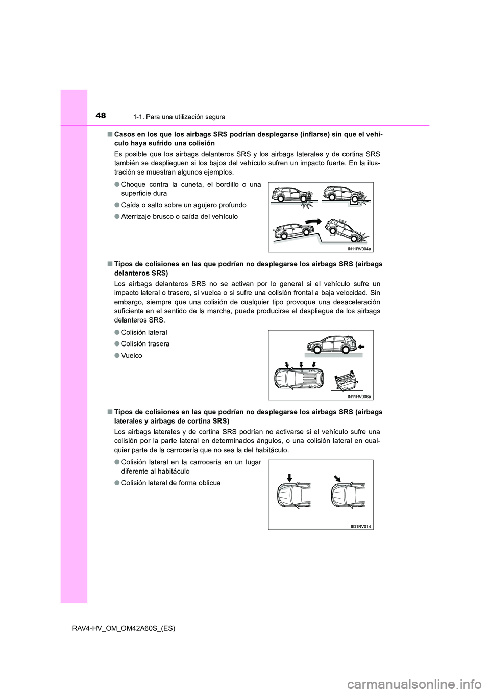 TOYOTA RAV4 HYBRID 2016 Manual del propietario (in Spanish) 481-1. Para una utilización segura
RAV4-HV_OM_OM42A60S_(ES)■
Casos en los que los airbags SRS podrían desplegarse (inflarse) sin que el vehí-
culo haya sufrido una colisión
Es posible que los a TOYOTA RAV4 HYBRID 2016 Manual del propietario (in Spanish) 481-1. Para una utilización segura
RAV4-HV_OM_OM42A60S_(ES)■
Casos en los que los airbags SRS podrían desplegarse (inflarse) sin que el vehí-
culo haya sufrido una colisión
Es posible que los a