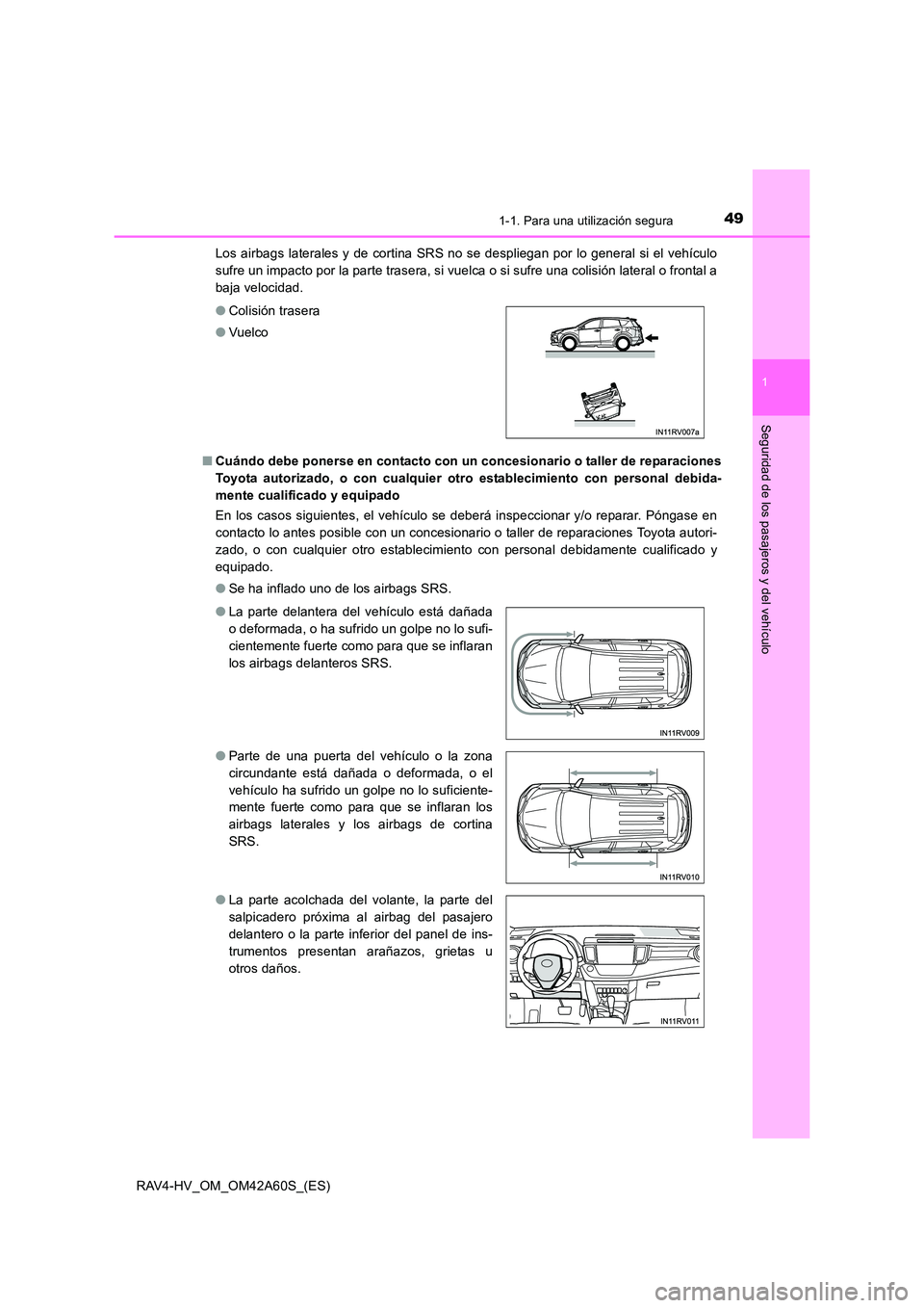 TOYOTA RAV4 HYBRID 2016 Manual del propietario (in Spanish) 491-1. Para una utilización segura
1
RAV4-HV_OM_OM42A60S_(ES)
Seguridad de los pasajeros y del vehículo
Los airbags laterales y de cortina SRS no se despliegan por lo general si el vehículo
sufre u TOYOTA RAV4 HYBRID 2016 Manual del propietario (in Spanish) 491-1. Para una utilización segura
1
RAV4-HV_OM_OM42A60S_(ES)
Seguridad de los pasajeros y del vehículo
Los airbags laterales y de cortina SRS no se despliegan por lo general si el vehículo
sufre u