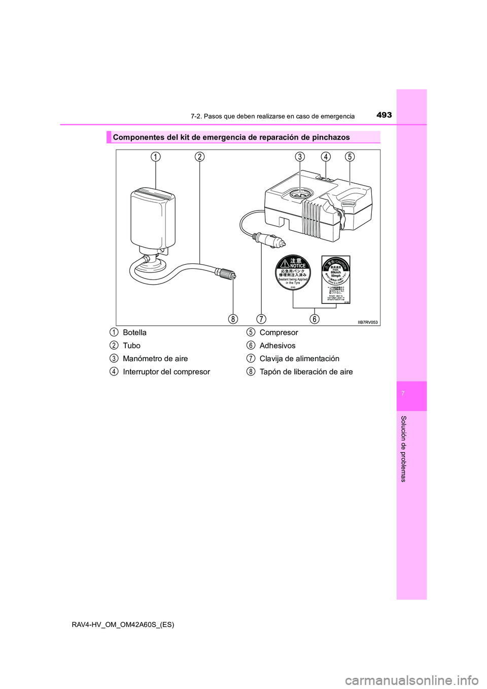 TOYOTA RAV4 HYBRID 2016  Manual del propietario (in Spanish) 4937-2. Pasos que deben realizarse en caso de emergencia
RAV4-HV_OM_OM42A60S_(ES)
7
Solución de problemas
Componentes del kit de emergencia de reparación de pinchazos
Botella
Tubo
Manómetro de aire
