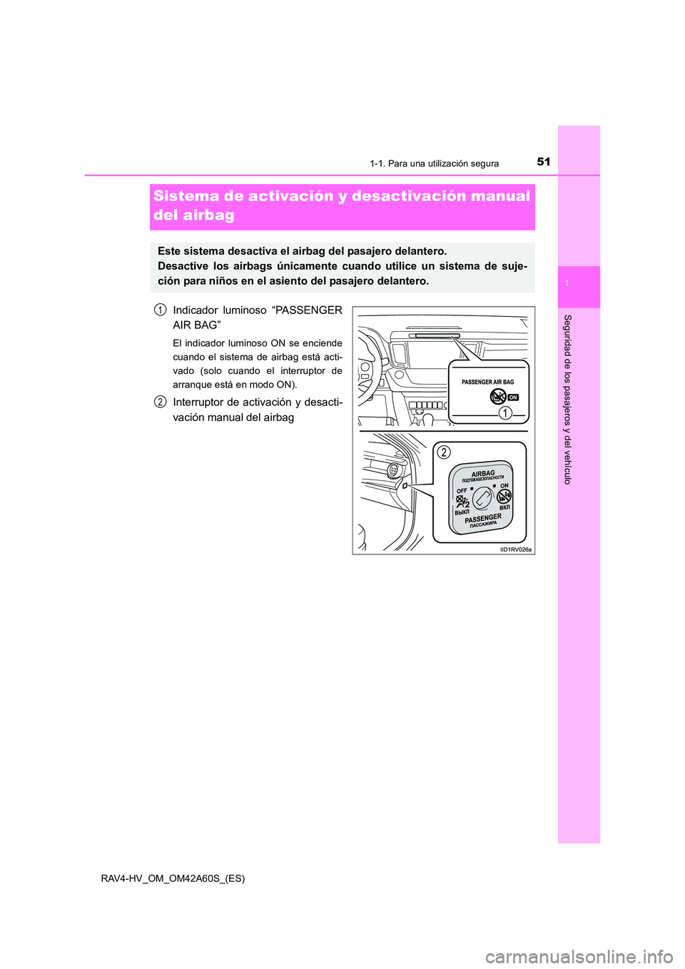 TOYOTA RAV4 HYBRID 2016 Manual del propietario (in Spanish) 511-1. Para una utilización segura
1
RAV4-HV_OM_OM42A60S_(ES)
Seguridad de los pasajeros y del vehículo
Sistema de activación y desactivación manual
del airbag
Indicador luminoso “PASSENGER
AIR TOYOTA RAV4 HYBRID 2016 Manual del propietario (in Spanish) 511-1. Para una utilización segura
1
RAV4-HV_OM_OM42A60S_(ES)
Seguridad de los pasajeros y del vehículo
Sistema de activación y desactivación manual
del airbag
Indicador luminoso “PASSENGER
AIR
