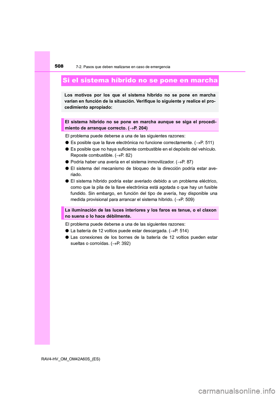TOYOTA RAV4 HYBRID 2016 Manual del propietario (in Spanish) 5087-2. Pasos que deben realizarse en caso de emergencia
RAV4-HV_OM_OM42A60S_(ES)
Si el sistema híbrido no se pone en marcha
El problema puede deberse a una de las siguientes razones:
●Es posible q TOYOTA RAV4 HYBRID 2016 Manual del propietario (in Spanish) 5087-2. Pasos que deben realizarse en caso de emergencia
RAV4-HV_OM_OM42A60S_(ES)
Si el sistema híbrido no se pone en marcha
El problema puede deberse a una de las siguientes razones:
●Es posible q