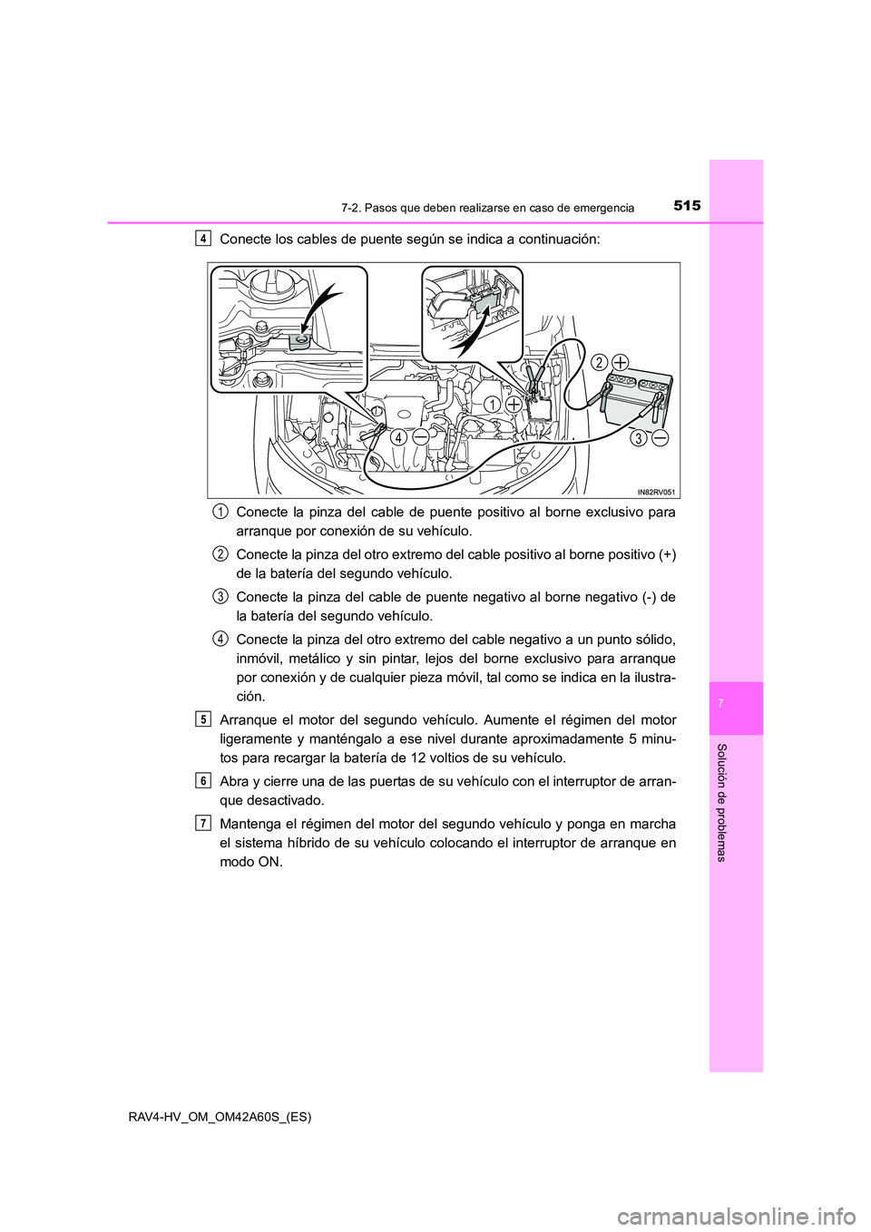 TOYOTA RAV4 HYBRID 2016 Manual del propietario (in Spanish) 5157-2. Pasos que deben realizarse en caso de emergencia
RAV4-HV_OM_OM42A60S_(ES)
7
Solución de problemas
Conecte los cables de puente según se indica a continuación:Conecte la pinza del cable de p TOYOTA RAV4 HYBRID 2016 Manual del propietario (in Spanish) 5157-2. Pasos que deben realizarse en caso de emergencia
RAV4-HV_OM_OM42A60S_(ES)
7
Solución de problemas
Conecte los cables de puente según se indica a continuación:Conecte la pinza del cable de p