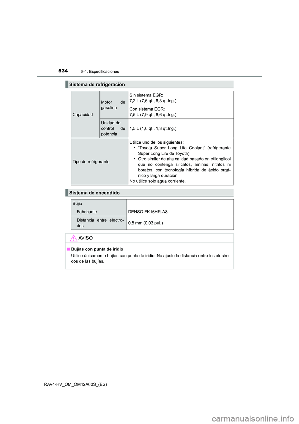 TOYOTA RAV4 HYBRID 2016 Manual del propietario (in Spanish) 5348-1. Especificaciones
RAV4-HV_OM_OM42A60S_(ES)
Sistema de refrigeración
Capacidad
Motor de
gasolina
Sin sistema EGR:
7,2 L (7,6 qt., 6,3 qt.Ing.)
Con sistema EGR:
7,5 L (7,9 qt., 6,6 qt.Ing.)
Uni TOYOTA RAV4 HYBRID 2016 Manual del propietario (in Spanish) 5348-1. Especificaciones
RAV4-HV_OM_OM42A60S_(ES)
Sistema de refrigeración
Capacidad
Motor de
gasolina
Sin sistema EGR:
7,2 L (7,6 qt., 6,3 qt.Ing.)
Con sistema EGR:
7,5 L (7,9 qt., 6,6 qt.Ing.)
Uni