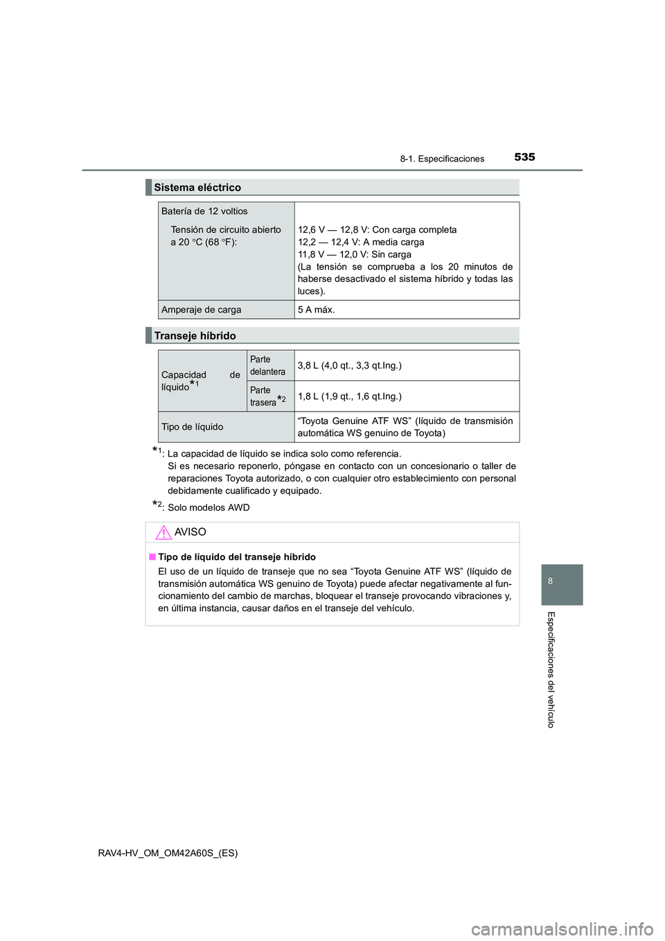 TOYOTA RAV4 HYBRID 2016 Manual del propietario (in Spanish) 5358-1. Especificaciones
RAV4-HV_OM_OM42A60S_(ES)
8
Especificaciones del vehículo
*1: La capacidad de líquido se indica solo como referencia. Si es necesario reponerlo, póngase en contacto con un c TOYOTA RAV4 HYBRID 2016 Manual del propietario (in Spanish) 5358-1. Especificaciones
RAV4-HV_OM_OM42A60S_(ES)
8
Especificaciones del vehículo
*1: La capacidad de líquido se indica solo como referencia. Si es necesario reponerlo, póngase en contacto con un c