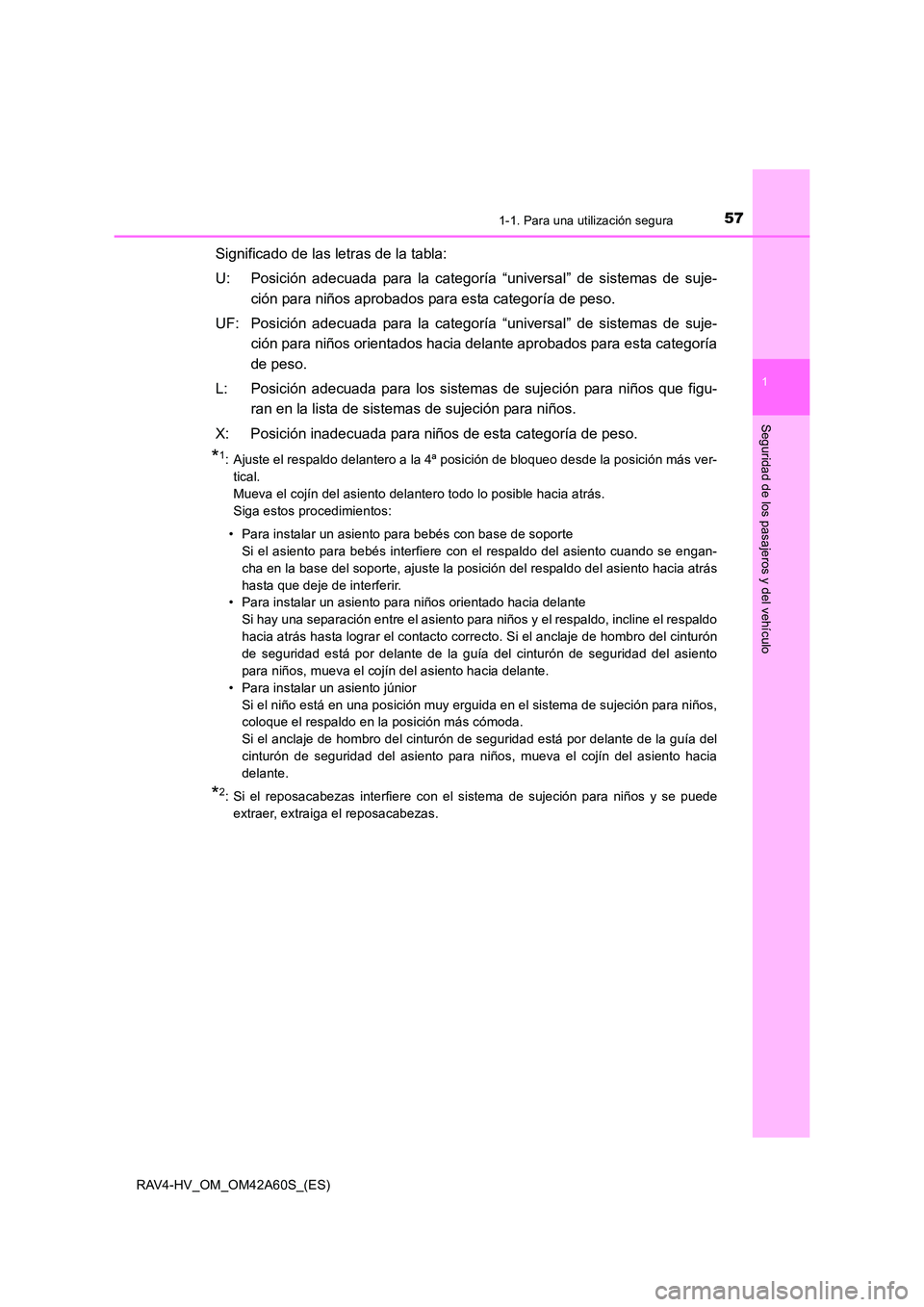 TOYOTA RAV4 HYBRID 2016 Manual del propietario (in Spanish) 571-1. Para una utilización segura
1
RAV4-HV_OM_OM42A60S_(ES)
Seguridad de los pasajeros y del vehículo
Significado de las letras de la tabla:
U: Posición adecuada para la categoría “universal TOYOTA RAV4 HYBRID 2016 Manual del propietario (in Spanish) 571-1. Para una utilización segura
1
RAV4-HV_OM_OM42A60S_(ES)
Seguridad de los pasajeros y del vehículo
Significado de las letras de la tabla:
U: Posición adecuada para la categoría “universal