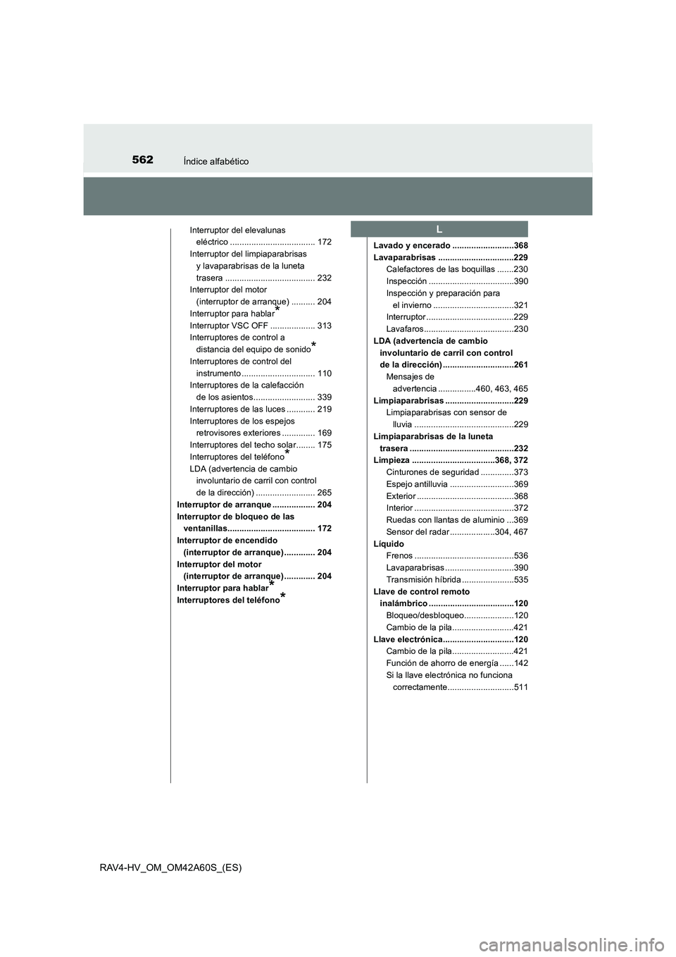 TOYOTA RAV4 HYBRID 2016 Manual del propietario (in Spanish) 562Índice alfabético
RAV4-HV_OM_OM42A60S_(ES)
Interruptor del elevalunas eléctrico .................................... 172
Interruptor del limpiaparabrisas y lavaparabrisas de la luneta
trasera TOYOTA RAV4 HYBRID 2016 Manual del propietario (in Spanish) 562Índice alfabético
RAV4-HV_OM_OM42A60S_(ES)
Interruptor del elevalunas eléctrico .................................... 172
Interruptor del limpiaparabrisas y lavaparabrisas de la luneta
trasera
