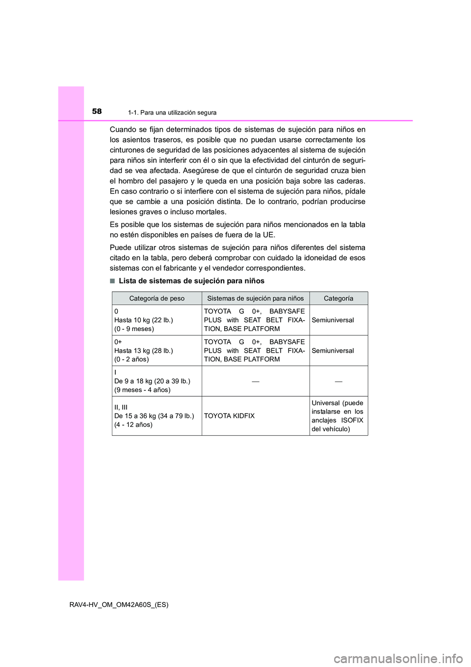 TOYOTA RAV4 HYBRID 2016 Manual del propietario (in Spanish) 581-1. Para una utilización segura
RAV4-HV_OM_OM42A60S_(ES)
Cuando se fijan determinados tipos de sistemas de sujeción para niños en
los asientos traseros, es posible que no puedan usarse correctam TOYOTA RAV4 HYBRID 2016 Manual del propietario (in Spanish) 581-1. Para una utilización segura
RAV4-HV_OM_OM42A60S_(ES)
Cuando se fijan determinados tipos de sistemas de sujeción para niños en
los asientos traseros, es posible que no puedan usarse correctam