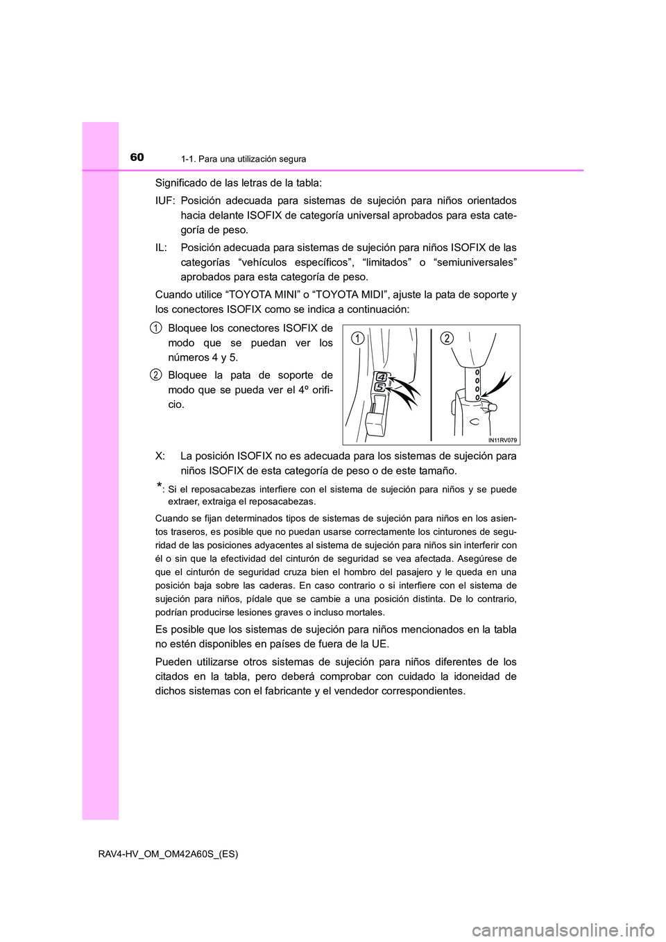 TOYOTA RAV4 HYBRID 2016 Manual del propietario (in Spanish) 601-1. Para una utilización segura
RAV4-HV_OM_OM42A60S_(ES)
Significado de las letras de la tabla:
IUF: Posición adecuada para sistemas de sujeción para niños orientadoshacia delante ISOFIX de cat TOYOTA RAV4 HYBRID 2016 Manual del propietario (in Spanish) 601-1. Para una utilización segura
RAV4-HV_OM_OM42A60S_(ES)
Significado de las letras de la tabla:
IUF: Posición adecuada para sistemas de sujeción para niños orientadoshacia delante ISOFIX de cat