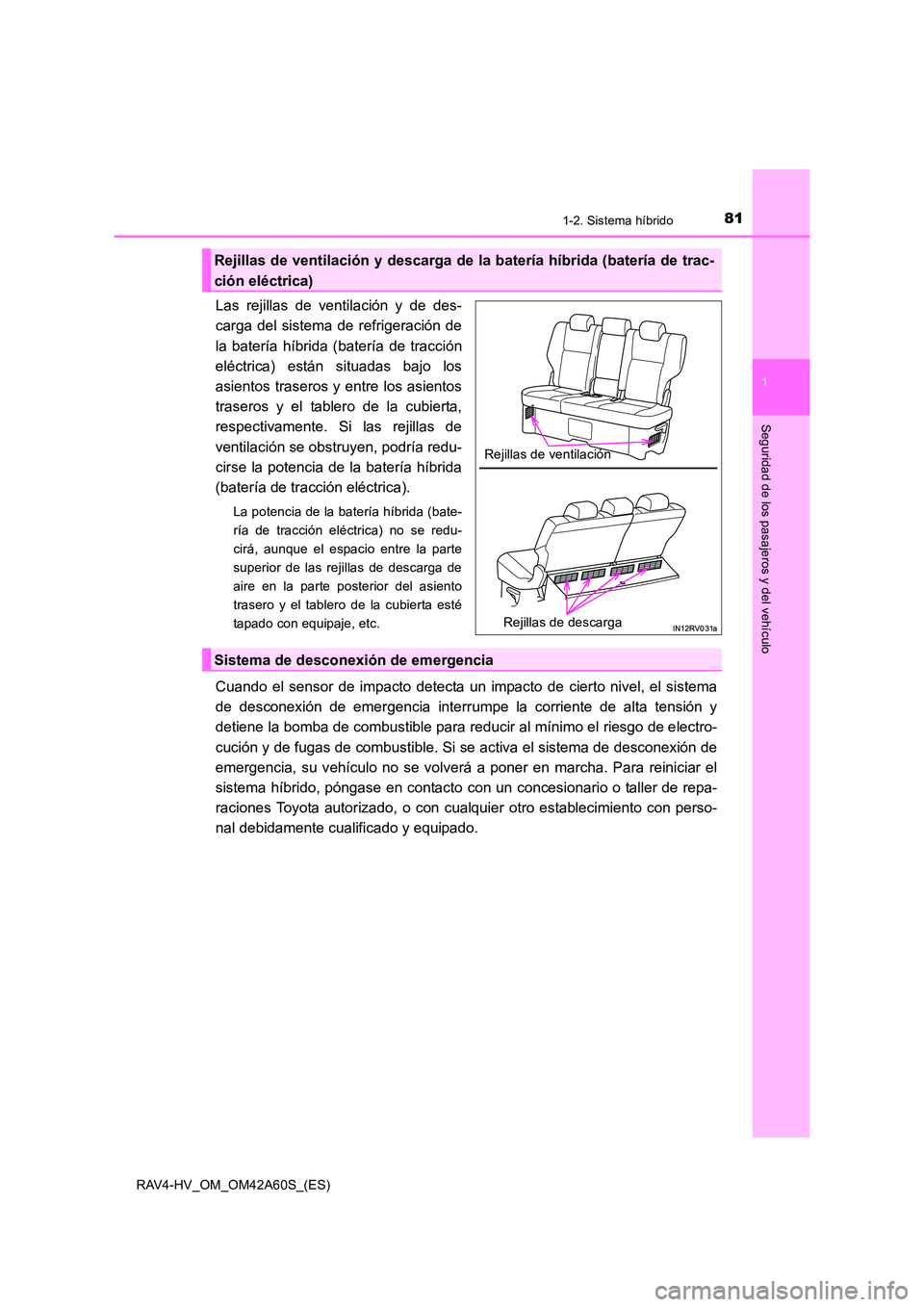 TOYOTA RAV4 HYBRID 2016  Manual del propietario (in Spanish) 811-2. Sistema híbrido
1
RAV4-HV_OM_OM42A60S_(ES)
Seguridad de los pasajeros y del vehículo
Las rejillas de ventilación y de des-
carga del sistema de refrigeración de
la batería híbrida (bater