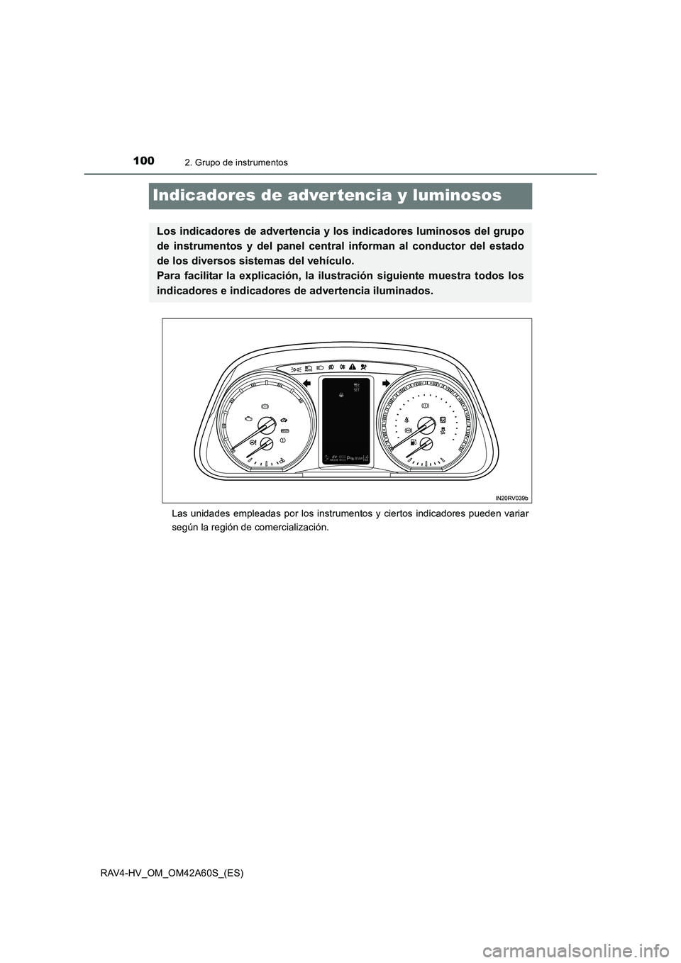 TOYOTA RAV4 HYBRID 2016 Manual del propietario (in Spanish) 1002. Grupo de instrumentos
RAV4-HV_OM_OM42A60S_(ES)
Indicadores de adver tencia y luminosos
Las unidades empleadas por los instrumentos y ciertos indicadores pueden variar
según la región de comerc TOYOTA RAV4 HYBRID 2016 Manual del propietario (in Spanish) 1002. Grupo de instrumentos
RAV4-HV_OM_OM42A60S_(ES)
Indicadores de adver tencia y luminosos
Las unidades empleadas por los instrumentos y ciertos indicadores pueden variar
según la región de comerc