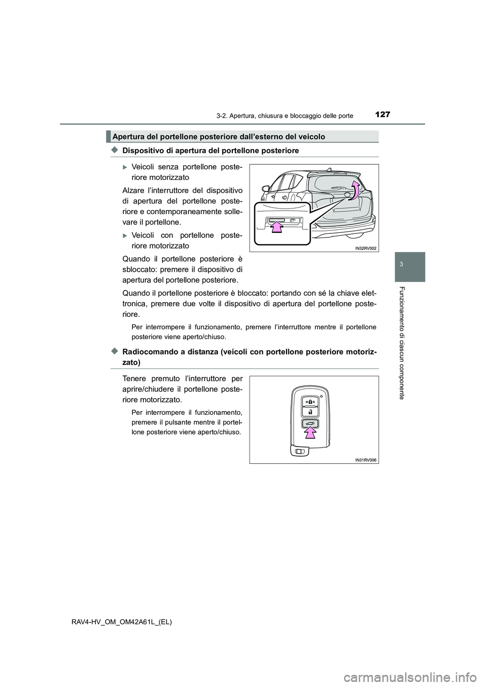 TOYOTA RAV4 HYBRID 2015  Manuale duso (in Italian) 1273-2. Apertura, chiusura e bloccaggio delle porte
3
Funzionamento di ciascun componente
RAV4-HV_OM_OM42A61L_(EL)
◆Dispositivo di apertura del portellone posteriore
�XVeicoli senza portellone poste