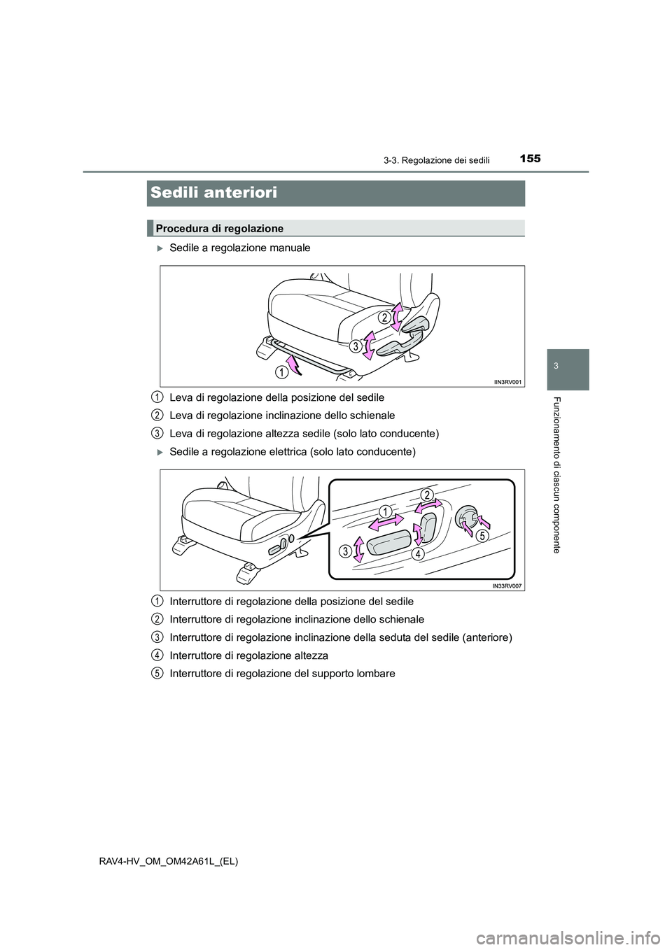 TOYOTA RAV4 HYBRID 2015  Manuale duso (in Italian) 155
3
3-3. Regolazione dei sedili
Funzionamento di ciascun componente
RAV4-HV_OM_OM42A61L_(EL)
Sedili anteriori
�XSedile a regolazione manuale
Leva di regolazione della posizione del sedile
Leva di re