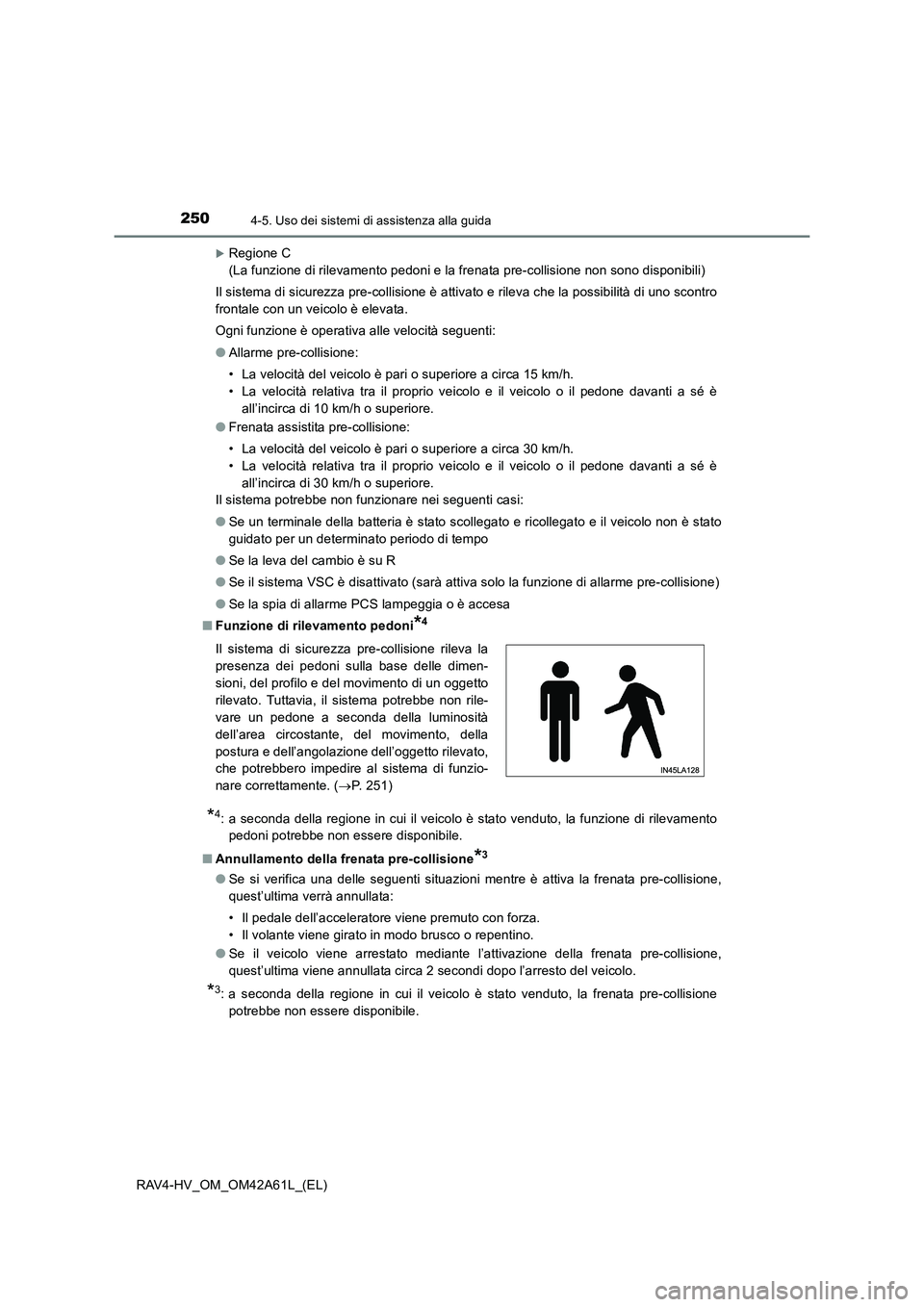 TOYOTA RAV4 HYBRID 2015  Manuale duso (in Italian) 2504-5. Uso dei sistemi di assistenza alla guida
RAV4-HV_OM_OM42A61L_(EL)
�XRegione C 
(La funzione di rilevamento pedoni e la frenata pre-collisione non sono disponibili)
Il sistema di sicurezza pre-
