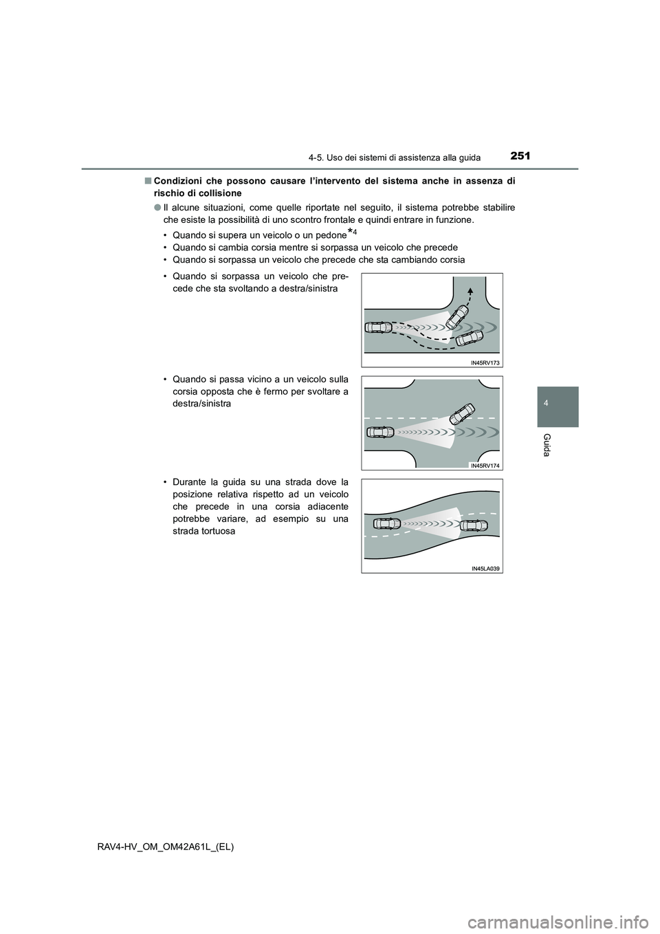 TOYOTA RAV4 HYBRID 2015  Manuale duso (in Italian) 2514-5. Uso dei sistemi di assistenza alla guida
4
Guida
RAV4-HV_OM_OM42A61L_(EL)■
Condizioni che possono causare l’intervento del sistema anche in assenza di
rischio di collisione
●Il alcune si