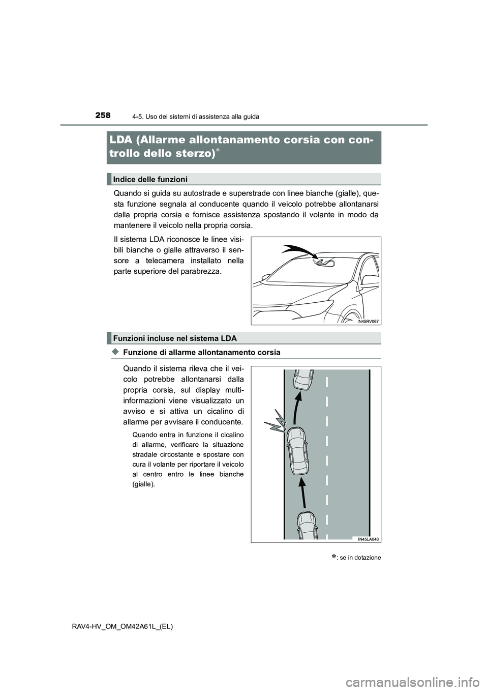TOYOTA RAV4 HYBRID 2015  Manuale duso (in Italian) 2584-5. Uso dei sistemi di assistenza alla guida
RAV4-HV_OM_OM42A61L_(EL)
LDA (Allar me allontanamento corsia con con-
trollo dello sterzo)
∗
Quando si guida su autostrade e superstrade con linee bi