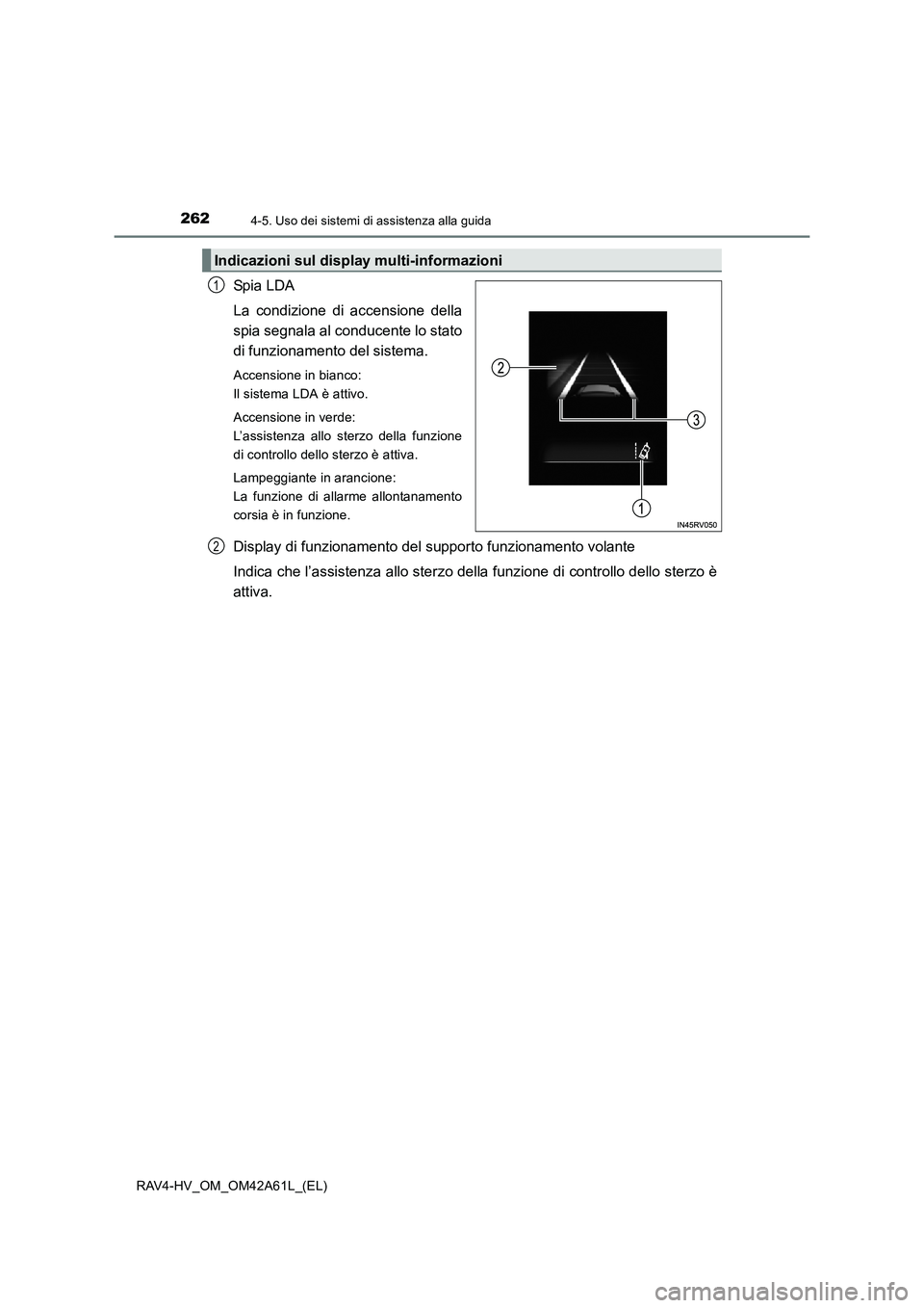 TOYOTA RAV4 HYBRID 2015  Manuale duso (in Italian) 2624-5. Uso dei sistemi di assistenza alla guida
RAV4-HV_OM_OM42A61L_(EL)
Spi a LDA
La condizione di accensione della
spia segnala al conducente lo stato
di funzionamento del sistema.
Accensione in bi