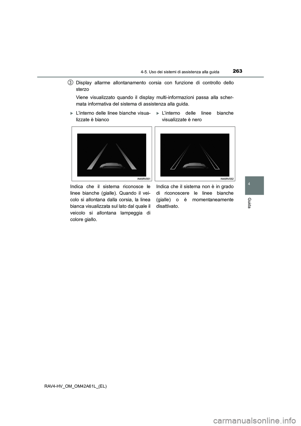 TOYOTA RAV4 HYBRID 2015  Manuale duso (in Italian) 2634-5. Uso dei sistemi di assistenza alla guida
4
Guida
RAV4-HV_OM_OM42A61L_(EL)
Display allarme allontanamento corsia con funzione di controllo dello
sterzo
Viene visualizzato quando il display mult