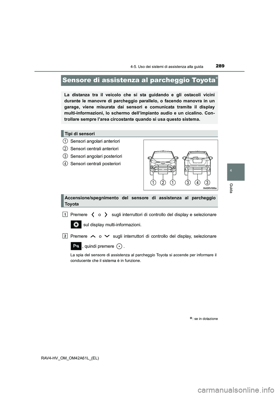 TOYOTA RAV4 HYBRID 2015  Manuale duso (in Italian) 289
4
4-5. Uso dei sistemi di assistenza alla guida
Guida
RAV4-HV_OM_OM42A61L_(EL)
Sensore di assistenza al parcheggio Toyota∗
Sensori angolari anteriori
Sensori centrali anteriori
Sensori angolari 