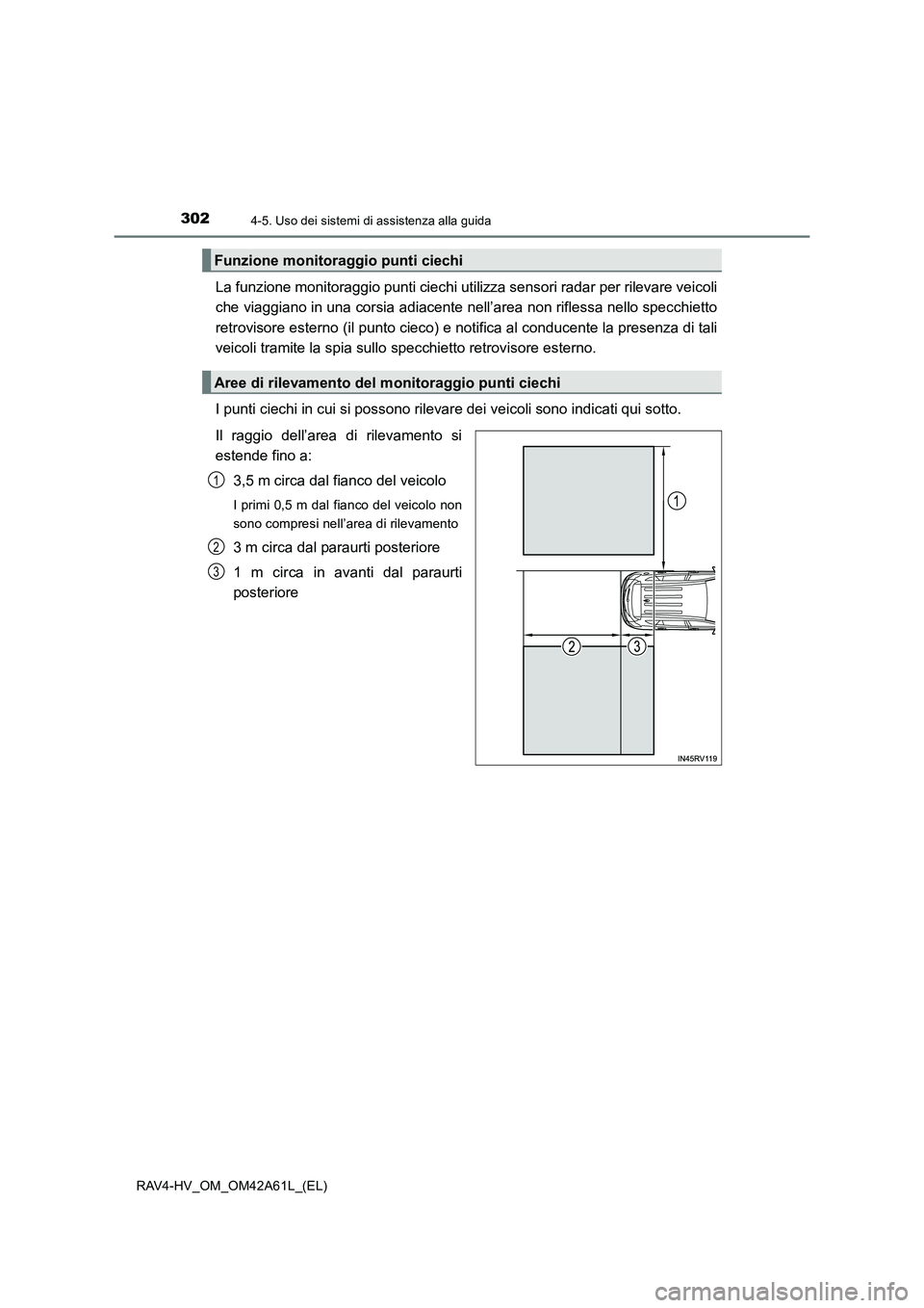 TOYOTA RAV4 HYBRID 2015  Manuale duso (in Italian) 3024-5. Uso dei sistemi di assistenza alla guida
RAV4-HV_OM_OM42A61L_(EL)
La funzione monitoraggio punti ciechi utilizza sensori radar per rilevare veicoli
che viaggiano in una corsia adiacente nell