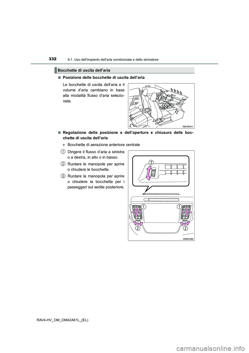 TOYOTA RAV4 HYBRID 2015  Manuale duso (in Italian) 3325-1. Uso dell’impianto dell’aria condizionata e dello sbrinatore
RAV4-HV_OM_OM42A61L_(EL)■
Posizione delle bocchette di uscita dell’aria
Le bocchette di uscita dell’aria e il
volume d’a