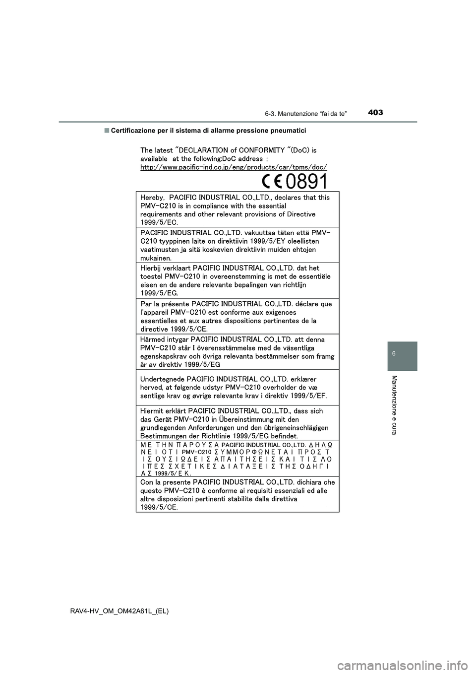 TOYOTA RAV4 HYBRID 2015  Manuale duso (in Italian) 4036-3. Manutenzione “fai da te”
RAV4-HV_OM_OM42A61L_(EL)
6
Manutenzione e cura
■Certificazione per il sistema di allarme pressione pneumatici 