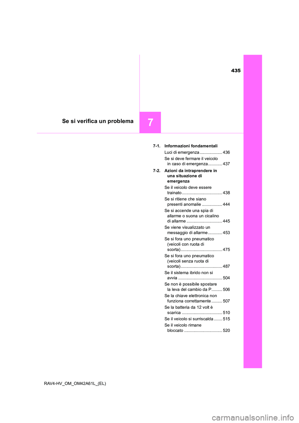 TOYOTA RAV4 HYBRID 2015 Manuale duso (in Italian) 435
7Se si verifica un problema
RAV4-HV_OM_OM42A61L_(EL)7-1. Informazioni fondamentali
Luci di emergenza ................... 436
Se si deve fermare il veicolo in caso di emergenza............ 437
7-2. TOYOTA RAV4 HYBRID 2015 Manuale duso (in Italian) 435
7Se si verifica un problema
RAV4-HV_OM_OM42A61L_(EL)7-1. Informazioni fondamentali
Luci di emergenza ................... 436
Se si deve fermare il veicolo in caso di emergenza............ 437
7-2.