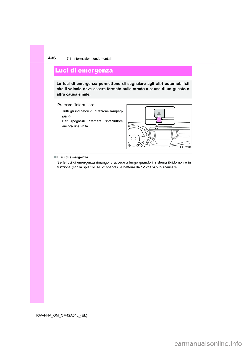TOYOTA RAV4 HYBRID 2015 Manuale duso (in Italian) 4367-1. Informazioni fondamentali
RAV4-HV_OM_OM42A61L_(EL)
Luci di emergenza
Premere l’interruttore.
Tutti gli indicatori di direzione lampeg-
giano.
Per spegnerli, premere l’interruttore
ancora TOYOTA RAV4 HYBRID 2015 Manuale duso (in Italian) 4367-1. Informazioni fondamentali
RAV4-HV_OM_OM42A61L_(EL)
Luci di emergenza
Premere l’interruttore.
Tutti gli indicatori di direzione lampeg-
giano.
Per spegnerli, premere l’interruttore
ancora
