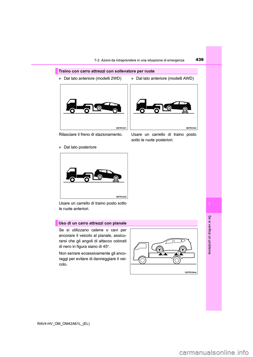 TOYOTA RAV4 HYBRID 2015 Manuale duso (in Italian) 4397-2. Azioni da intraprendere in una situazione di emergenza
RAV4-HV_OM_OM42A61L_(EL)
7
Se si verifica un problema
Se si utilizzano catene o cavi per
ancorare il veicolo al pianale, assicu-
rarsi ch TOYOTA RAV4 HYBRID 2015 Manuale duso (in Italian) 4397-2. Azioni da intraprendere in una situazione di emergenza
RAV4-HV_OM_OM42A61L_(EL)
7
Se si verifica un problema
Se si utilizzano catene o cavi per
ancorare il veicolo al pianale, assicu-
rarsi ch