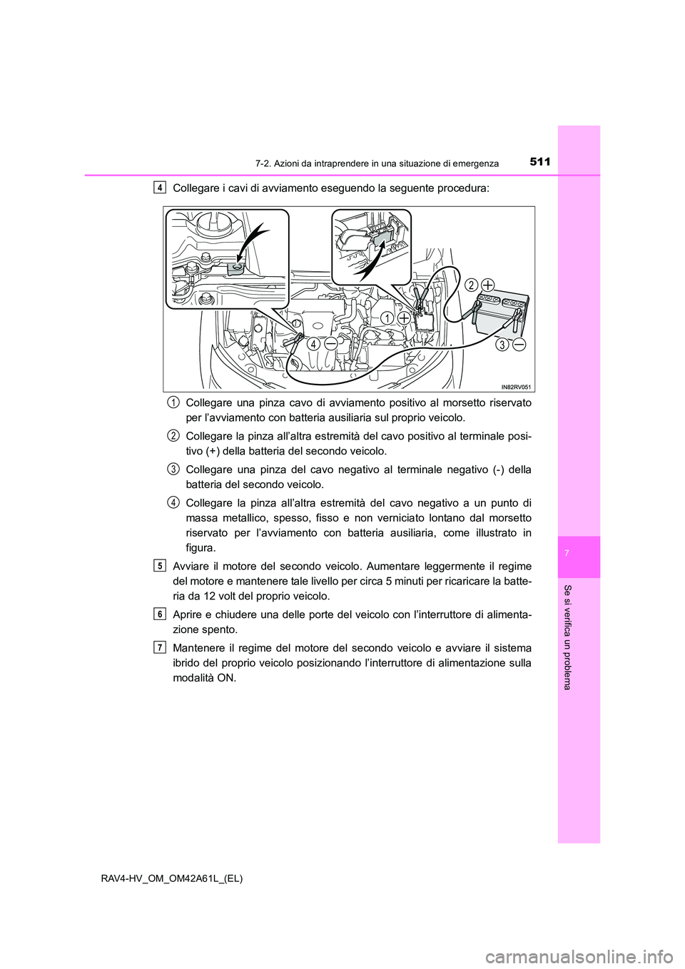 TOYOTA RAV4 HYBRID 2015 Manuale duso (in Italian) 5117-2. Azioni da intraprendere in una situazione di emergenza
RAV4-HV_OM_OM42A61L_(EL)
7
Se si verifica un problema
Collegare i cavi di avviamento eseguendo la seguente procedura:Collegare una pinza TOYOTA RAV4 HYBRID 2015 Manuale duso (in Italian) 5117-2. Azioni da intraprendere in una situazione di emergenza
RAV4-HV_OM_OM42A61L_(EL)
7
Se si verifica un problema
Collegare i cavi di avviamento eseguendo la seguente procedura:Collegare una pinza