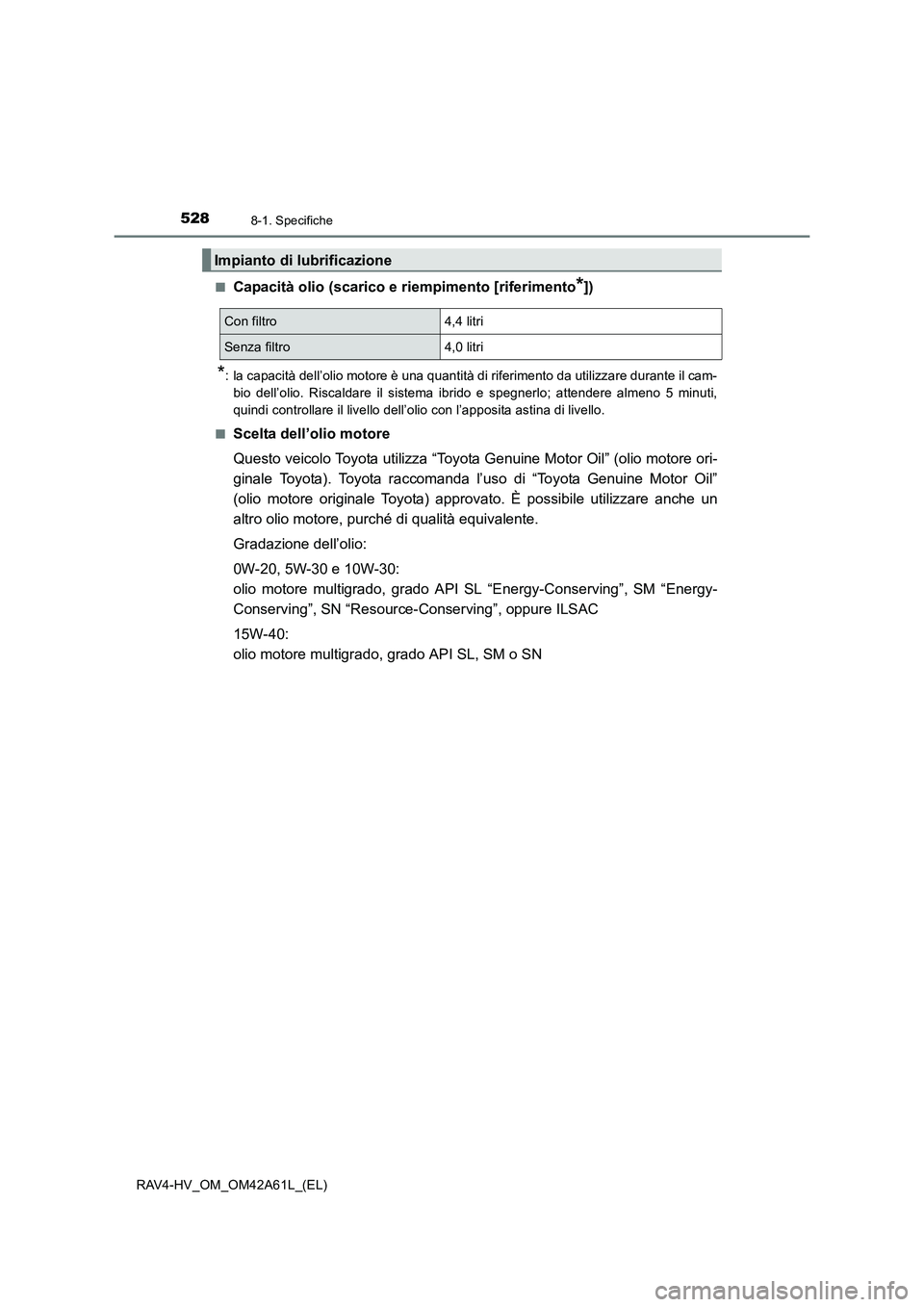 TOYOTA RAV4 HYBRID 2015  Manuale duso (in Italian) 5288-1. Specifiche
RAV4-HV_OM_OM42A61L_(EL)■
Capacità olio (scarico e riempimento [riferimento*])
*: la capacità dell’olio motore è una quantità di riferimento da utilizzare durante il cam-
bi