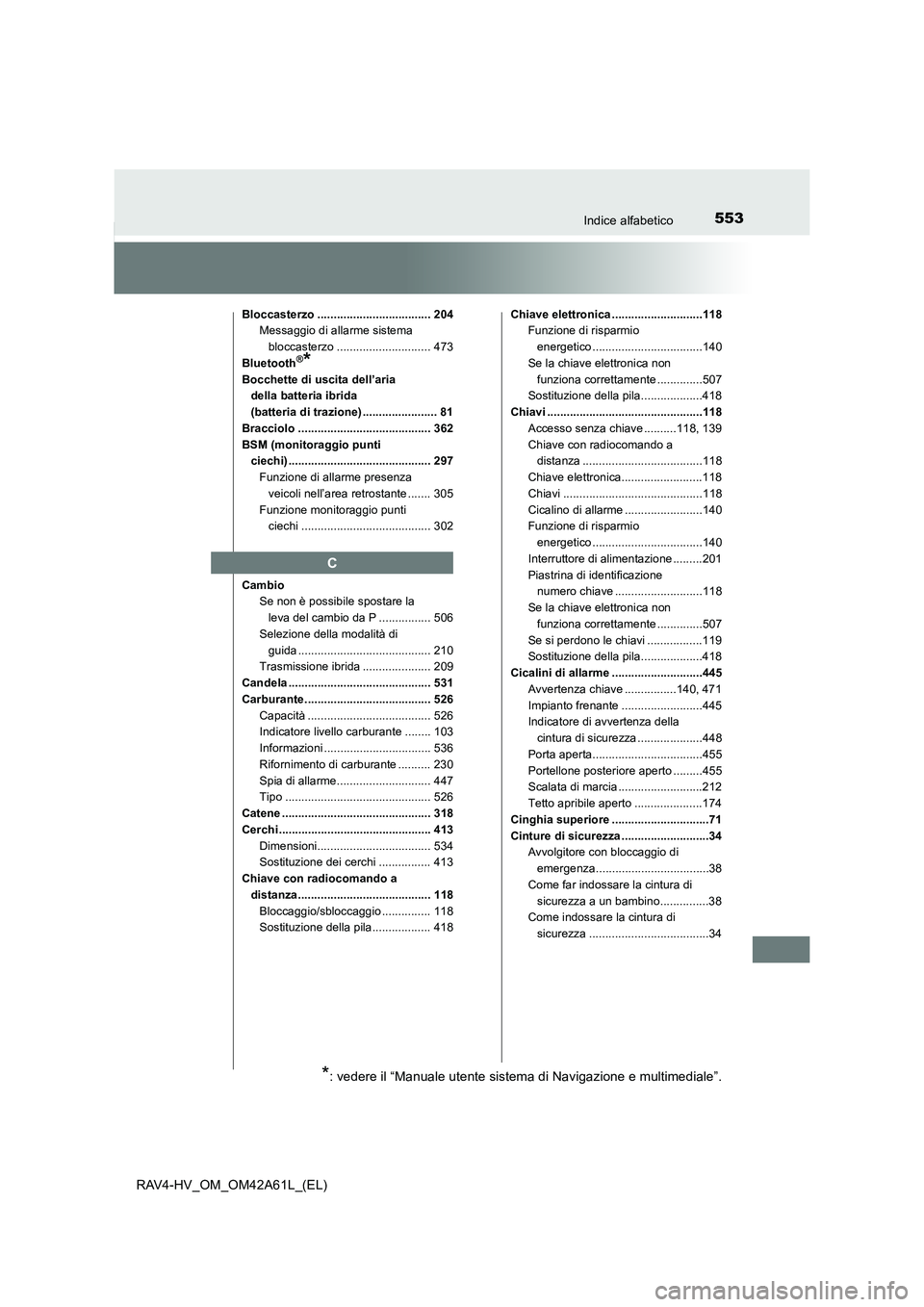 TOYOTA RAV4 HYBRID 2015  Manuale duso (in Italian) 553Indice alfabetico
RAV4-HV_OM_OM42A61L_(EL)
Bloccasterzo ................................... 204Messaggio di allarme sistema 
bloccasterzo ............................. 473
Bluetooth
®*
Bocchette d