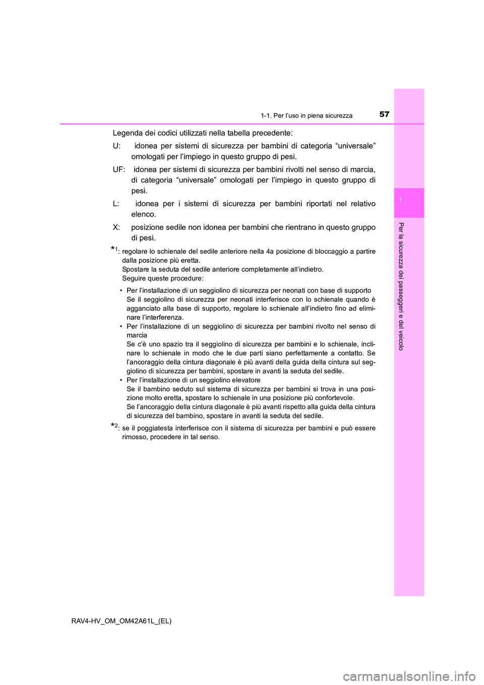 TOYOTA RAV4 HYBRID 2016  Manuale duso (in Italian) 571-1. Per l’uso in piena sicurezza
1
RAV4-HV_OM_OM42A61L_(EL)
Per la sicurezza dei passeggeri e del veicolo
Legenda dei codici utilizzati nella tabella precedente:
U:  idonea per sistemi di sicurez