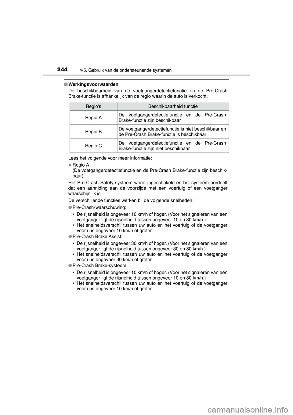 TOYOTA RAV4 HYBRID 2016 Instructieboekje (in Dutch) 2444-5. Gebruik van de ondersteunende systemen
RAV4-HV_OM_OM42A57E_(EE)
■Werkingsvoorwaarden
De beschikbaarheid van de voetgangerdetectiefunctie en de Pre-Crash
Brake-functie is afhankelijk van de r TOYOTA RAV4 HYBRID 2016 Instructieboekje (in Dutch) 2444-5. Gebruik van de ondersteunende systemen
RAV4-HV_OM_OM42A57E_(EE)
■Werkingsvoorwaarden
De beschikbaarheid van de voetgangerdetectiefunctie en de Pre-Crash
Brake-functie is afhankelijk van de r