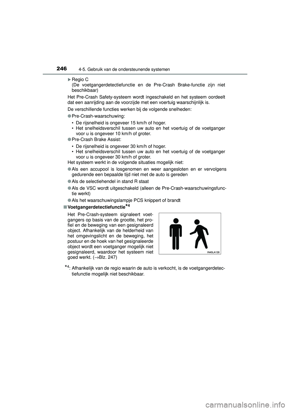 TOYOTA RAV4 HYBRID 2016 Instructieboekje (in Dutch) 2464-5. Gebruik van de ondersteunende systemen
RAV4-HV_OM_OM42A57E_(EE)
Regio C
(De voetgangerdetectiefunctie en de Pre-Crash Brake-functie zijn niet
beschikbaar)
Het Pre-Crash Safety-systeem wordt TOYOTA RAV4 HYBRID 2016 Instructieboekje (in Dutch) 2464-5. Gebruik van de ondersteunende systemen
RAV4-HV_OM_OM42A57E_(EE)
Regio C
(De voetgangerdetectiefunctie en de Pre-Crash Brake-functie zijn niet
beschikbaar)
Het Pre-Crash Safety-systeem wordt