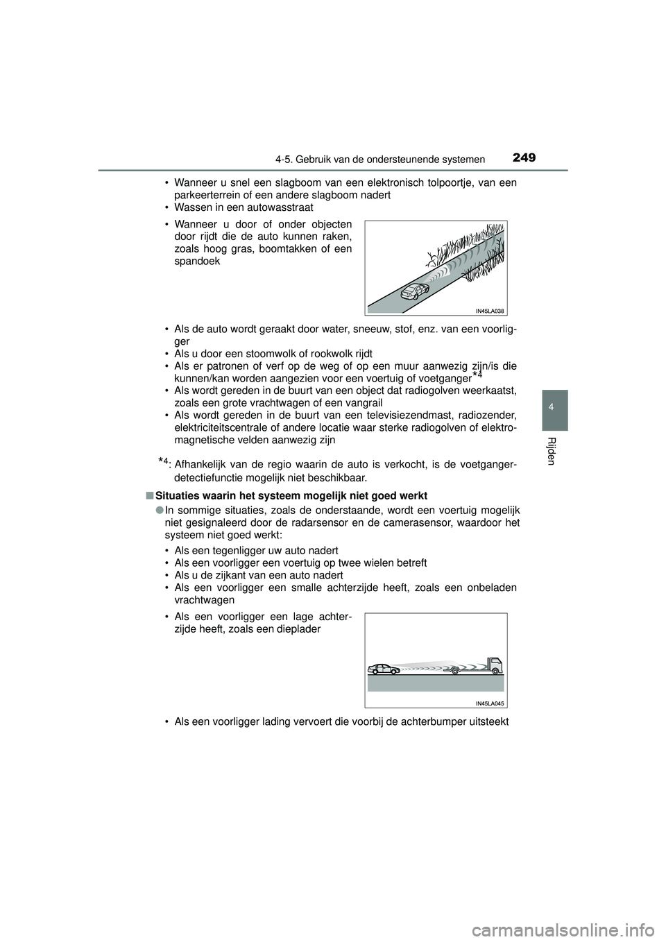 TOYOTA RAV4 HYBRID 2016 Instructieboekje (in Dutch) 2494-5. Gebruik van de ondersteunende systemen
4
Rijden
RAV4-HV_OM_OM42A57E_(EE)• Wanneer u snel een slagboom van een elektronisch tolpoortje, van een
parkeerterrein of een andere slagboom nadert
TOYOTA RAV4 HYBRID 2016 Instructieboekje (in Dutch) 2494-5. Gebruik van de ondersteunende systemen
4
Rijden
RAV4-HV_OM_OM42A57E_(EE)• Wanneer u snel een slagboom van een elektronisch tolpoortje, van een
parkeerterrein of een andere slagboom nadert