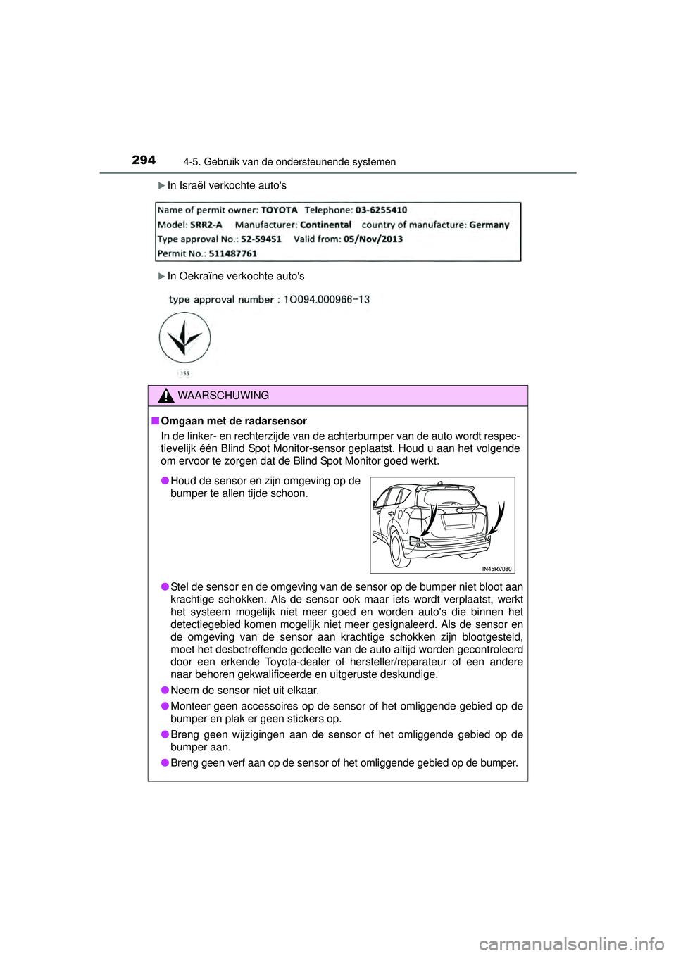 TOYOTA RAV4 HYBRID 2016 Instructieboekje (in Dutch) 2944-5. Gebruik van de ondersteunende systemen
RAV4-HV_OM_OM42A57E_(EE)
In Israël verkochte autos
In Oekraïne verkochte autos
WAARSCHUWING
■Omgaan met de radarsensor
In de linker- en recht TOYOTA RAV4 HYBRID 2016 Instructieboekje (in Dutch) 2944-5. Gebruik van de ondersteunende systemen
RAV4-HV_OM_OM42A57E_(EE)
In Israël verkochte autos
In Oekraïne verkochte autos
WAARSCHUWING
■Omgaan met de radarsensor
In de linker- en recht