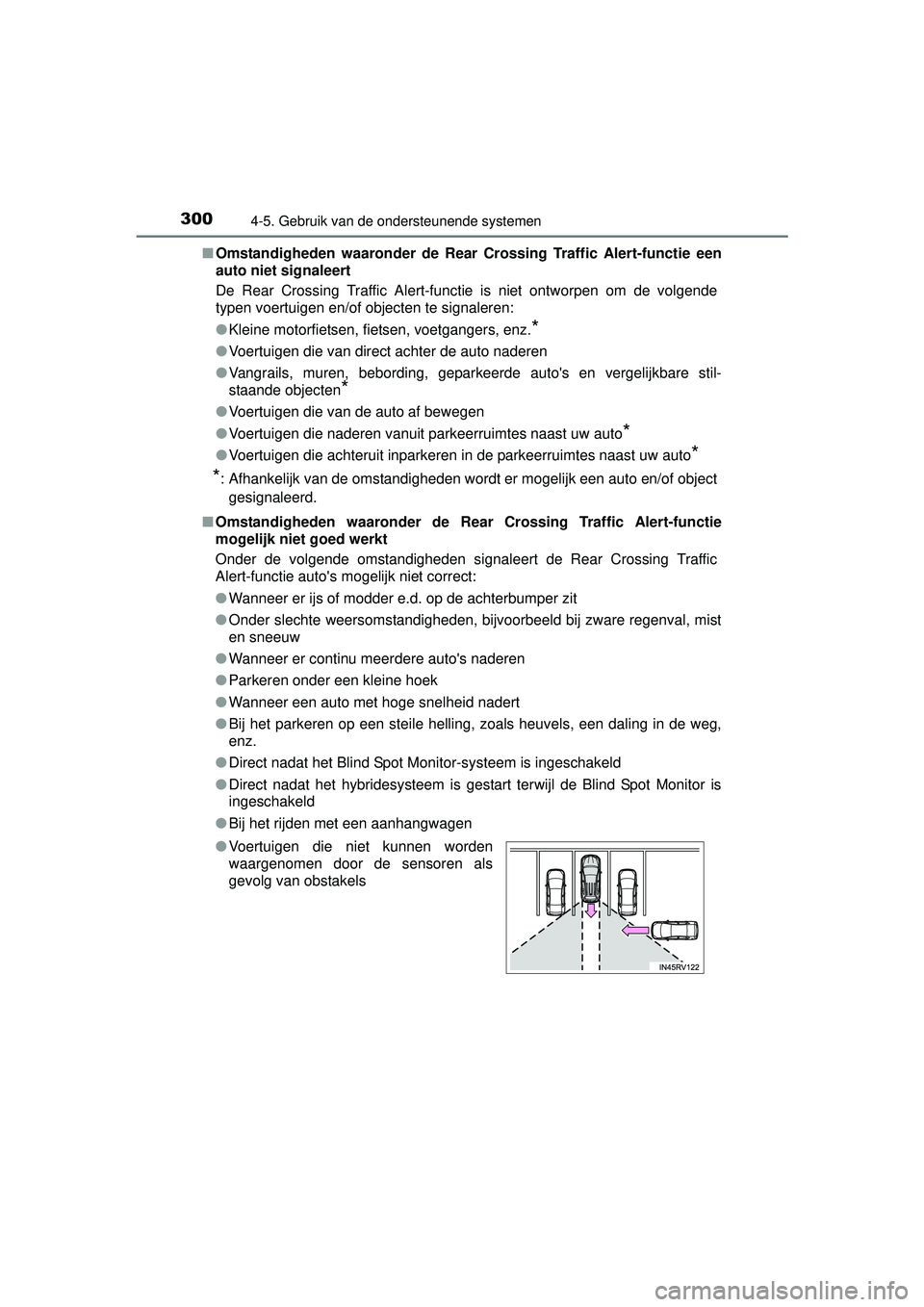 TOYOTA RAV4 HYBRID 2016 Instructieboekje (in Dutch) 3004-5. Gebruik van de ondersteunende systemen
RAV4-HV_OM_OM42A57E_(EE)■
Omstandigheden waaronder de Rear Crossing Traffic Alert-functie een
auto niet signaleert
De Rear Crossing Traffic Alert-funct TOYOTA RAV4 HYBRID 2016 Instructieboekje (in Dutch) 3004-5. Gebruik van de ondersteunende systemen
RAV4-HV_OM_OM42A57E_(EE)■
Omstandigheden waaronder de Rear Crossing Traffic Alert-functie een
auto niet signaleert
De Rear Crossing Traffic Alert-funct