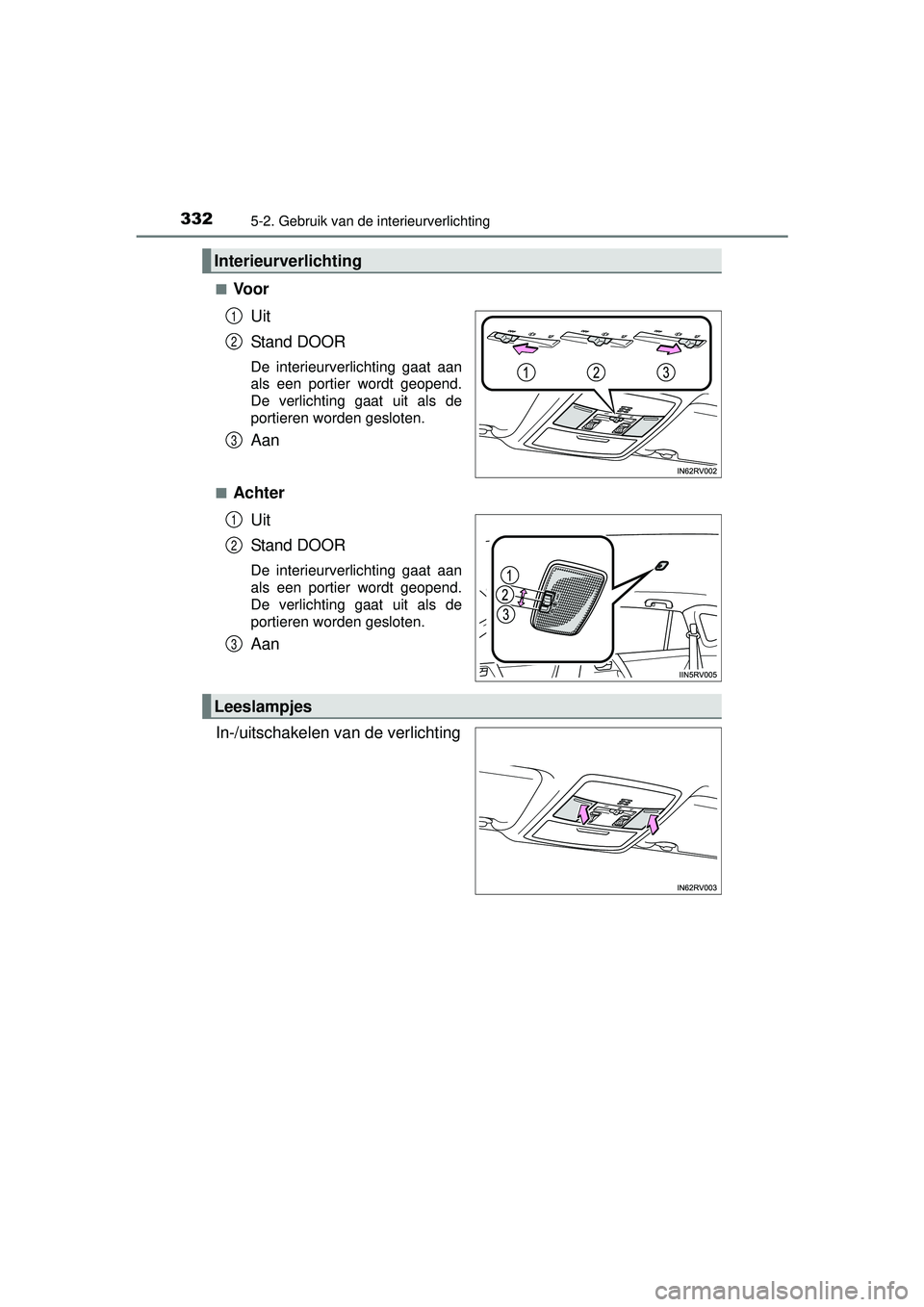 TOYOTA RAV4 HYBRID 2016  Instructieboekje (in Dutch) 3325-2. Gebruik van de interieurverlichting
RAV4-HV_OM_OM42A57E_(EE)■
Voor
Uit
Stand DOOR
De interieurverlichting gaat aan
als een portier wordt geopend.
De verlichting gaat uit als de
portieren wor
