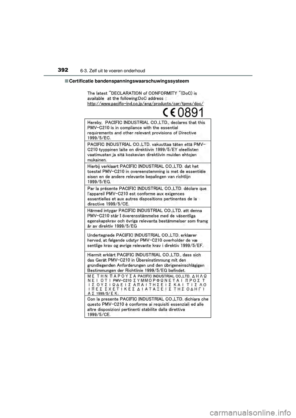 TOYOTA RAV4 HYBRID 2016  Instructieboekje (in Dutch) 3926-3. Zelf uit te voeren onderhoud
RAV4-HV_OM_OM42A57E_(EE)■
Certificatie bandenspanningswaarschuwingssysteem
RAV4-HV_OM_OM42A57E_(EE).book  Page 392   Friday, October 30, 2015  12:02 PM 