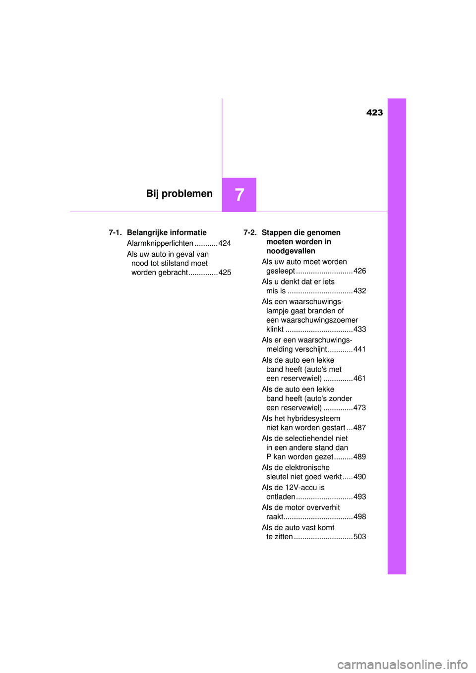 TOYOTA RAV4 HYBRID 2016  Instructieboekje (in Dutch) 423
7Bij problemen
RAV4-HV_OM_OM42A57E_(EE)7-1. Belangrijke informatie
Alarmknipperlichten ........... 424
Als uw auto in geval van nood tot stilstand moet 
worden gebracht .............. 425 7-2. Sta