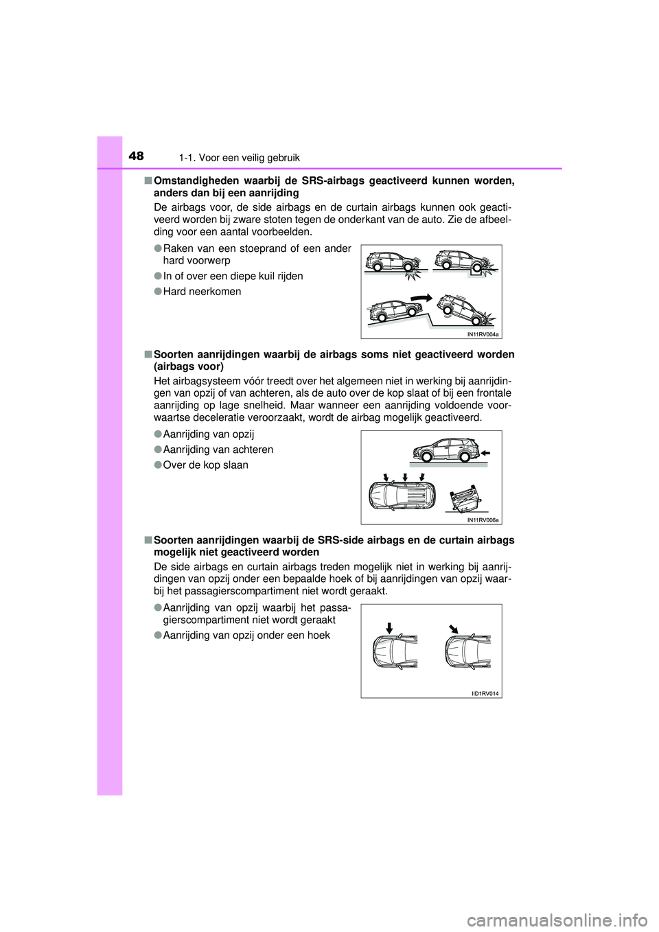 TOYOTA RAV4 HYBRID 2016  Instructieboekje (in Dutch) 481-1. Voor een veilig gebruik
RAV4-HV_OM_OM42A57E_(EE)■
Omstandigheden waarbij de SRS-airbags geactiveerd kunnen worden,
anders dan bij een aanrijding 
De airbags voor, de side airbags en de curtai