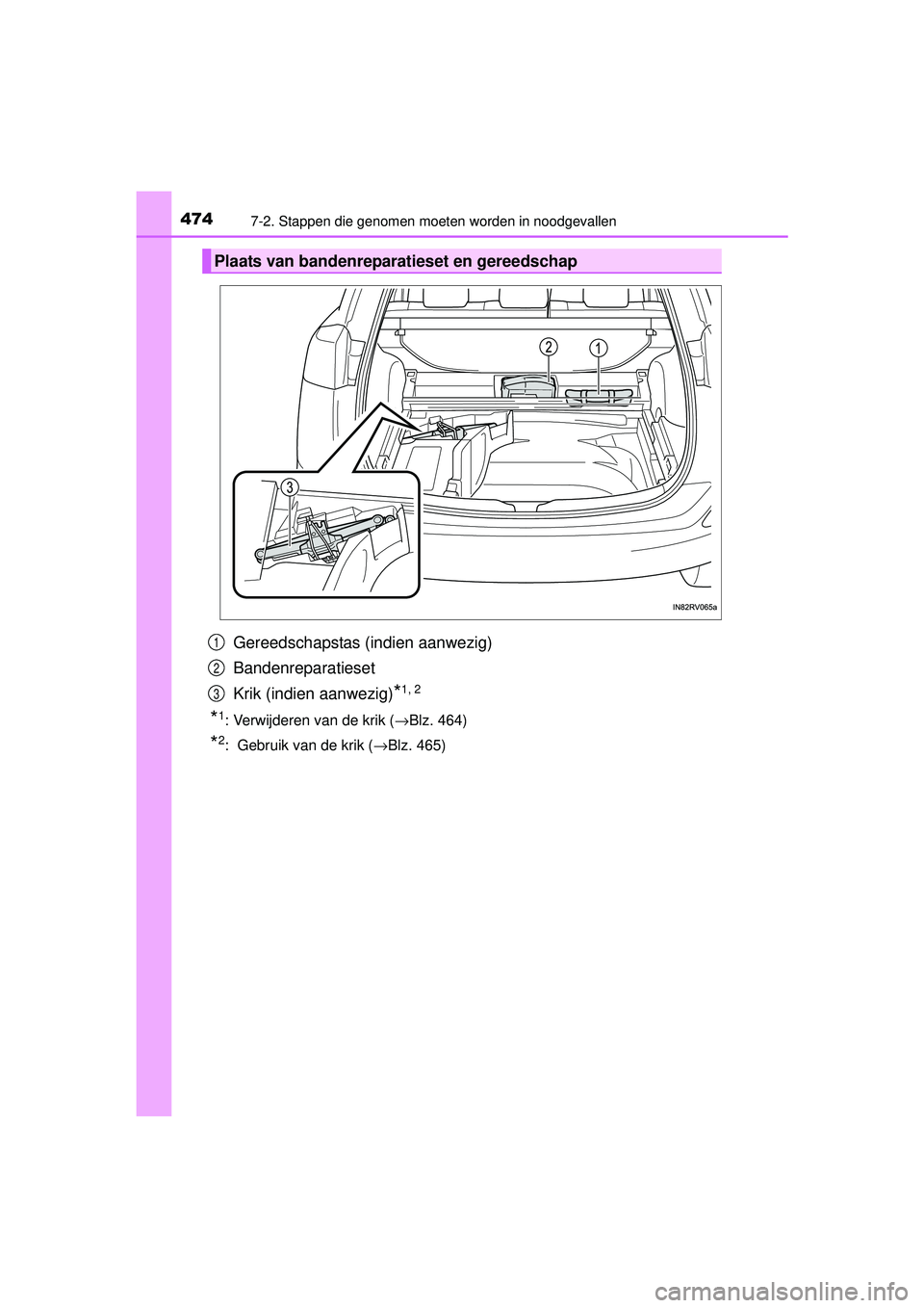 TOYOTA RAV4 HYBRID 2016  Instructieboekje (in Dutch) 4747-2. Stappen die genomen moeten worden in noodgevallen
RAV4-HV_OM_OM42A57E_(EE)
Gereedschapstas (indien aanwezig)
Bandenreparatieset
Krik (indien aanwezig)
*1, 2
*1: Verwijderen van de krik (→Blz